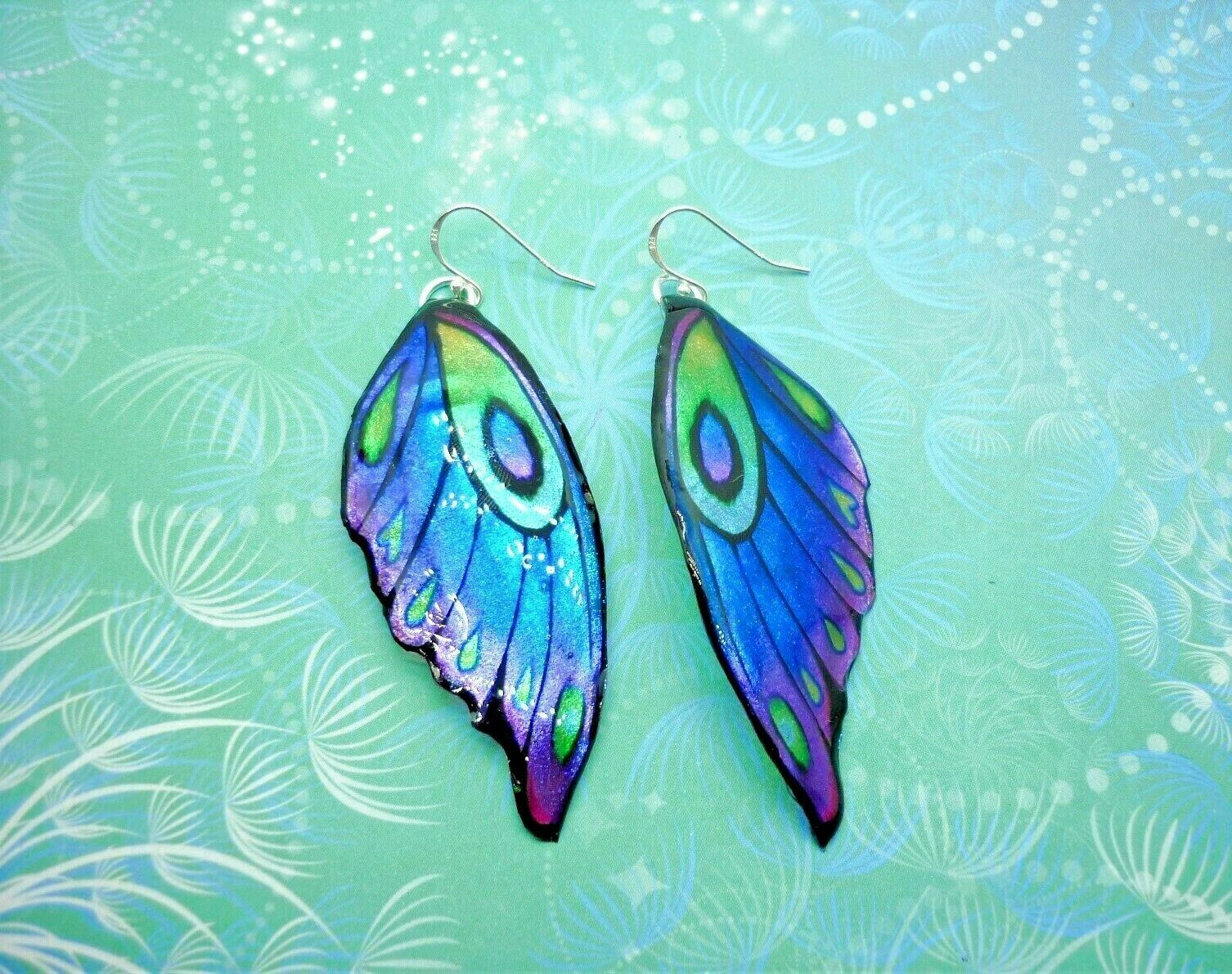 Large Blue Butterfly Wing Earrings Rainbow Sparkly Fairy Jewellery unique gift - Image 2