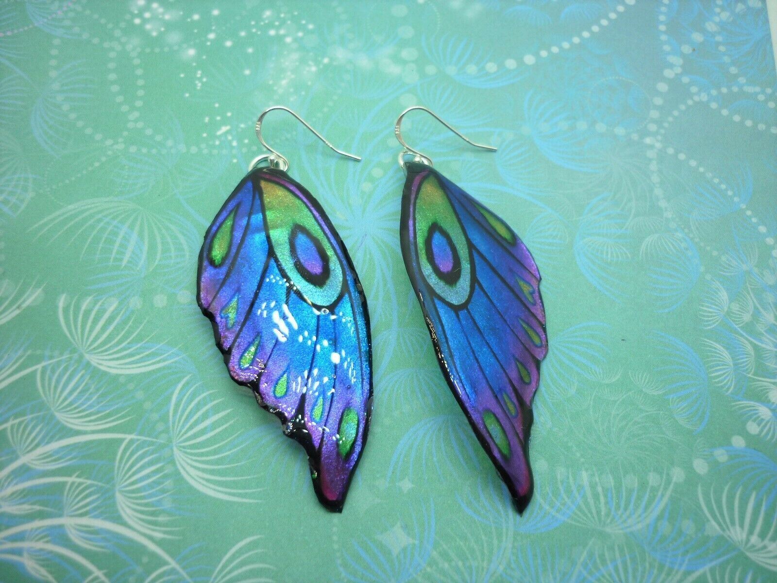 Large Blue Butterfly Wing Earrings Rainbow Sparkly Fairy Jewellery unique gift - Image 3