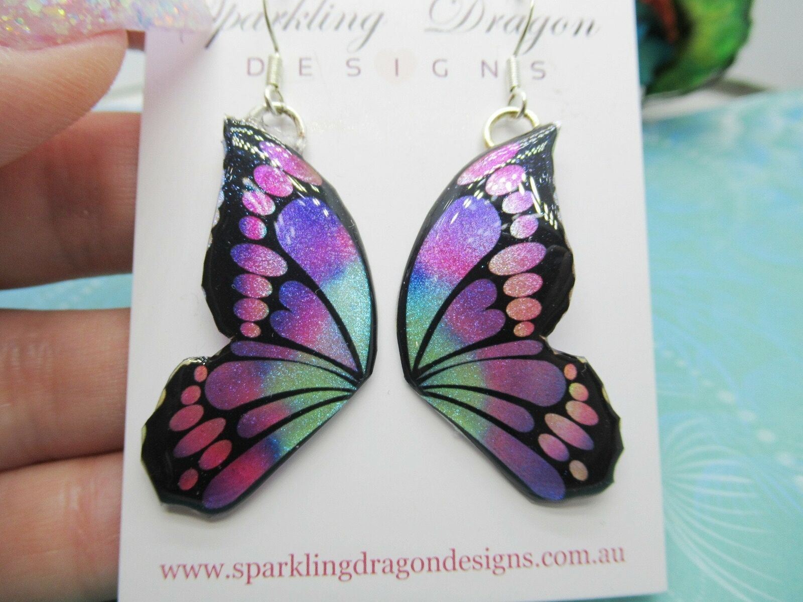 Butterfly Double Wing Earrings Purple & Blue - Fairy Jewellery, Fun Gift for you - Image 2