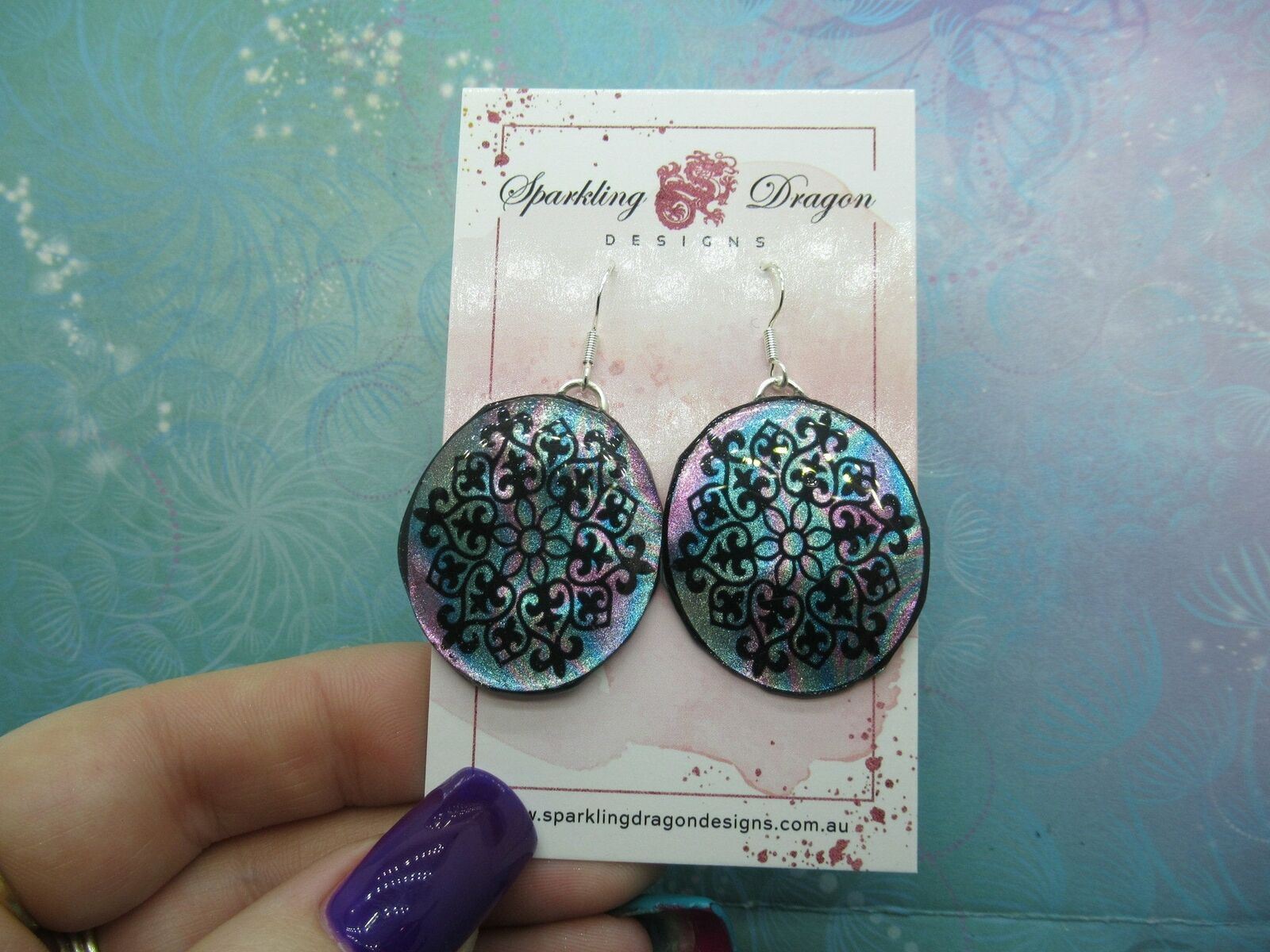 Elegant Motif Earrings -Blue and Pink - New Age Boho gift - Swirling Colours in - Image 2