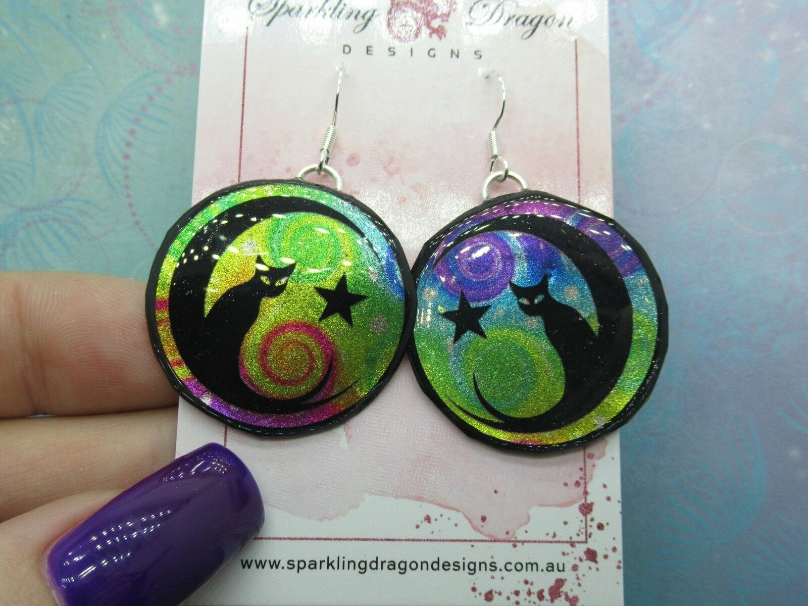 Mystic Kitty Witchy Cat Earrings - New Age Magical gift - Swirling Purle & Green
