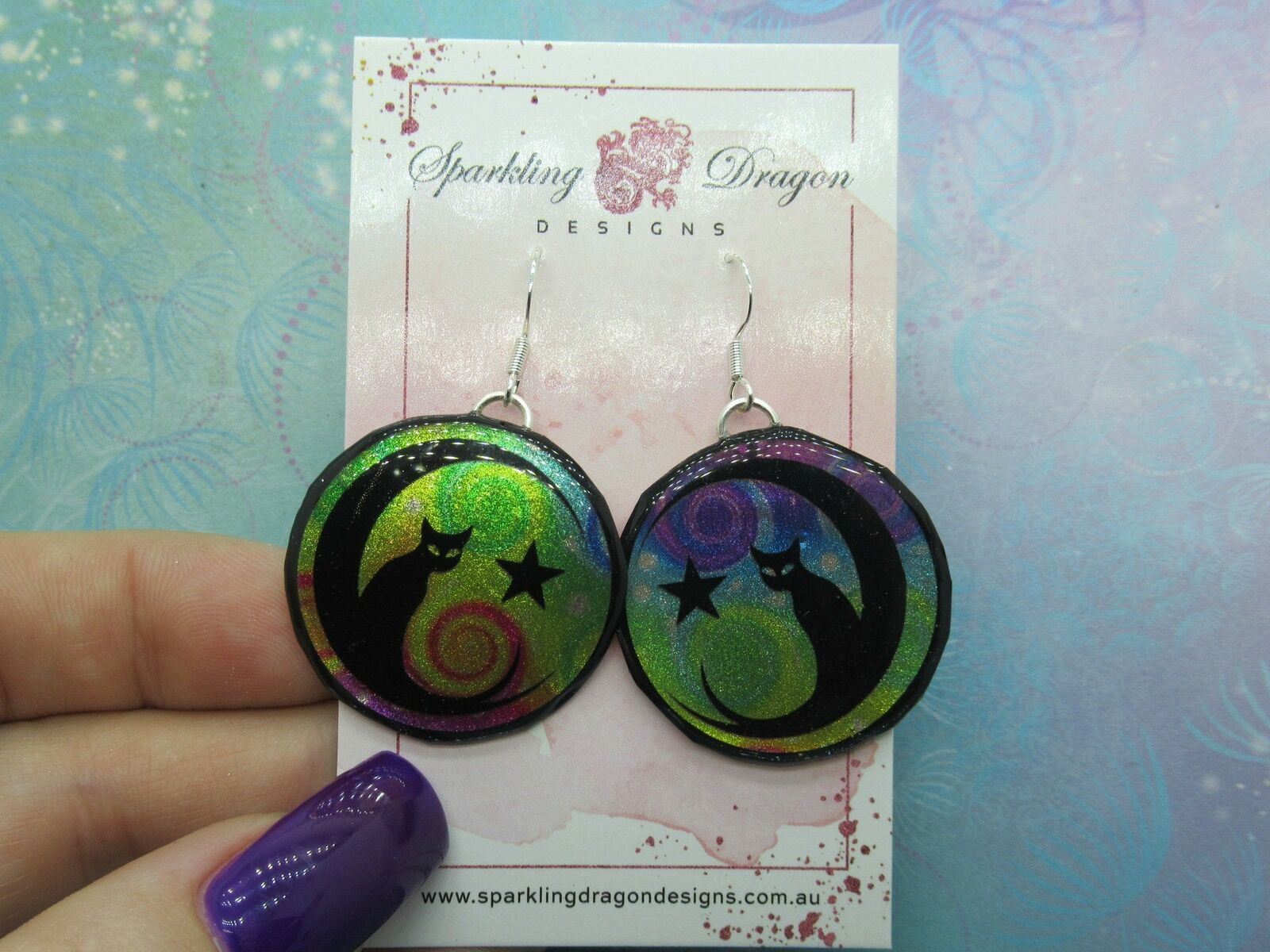 Mystic Kitty Witchy Cat Earrings - New Age Magical gift - Swirling Purle & Green - Image 2