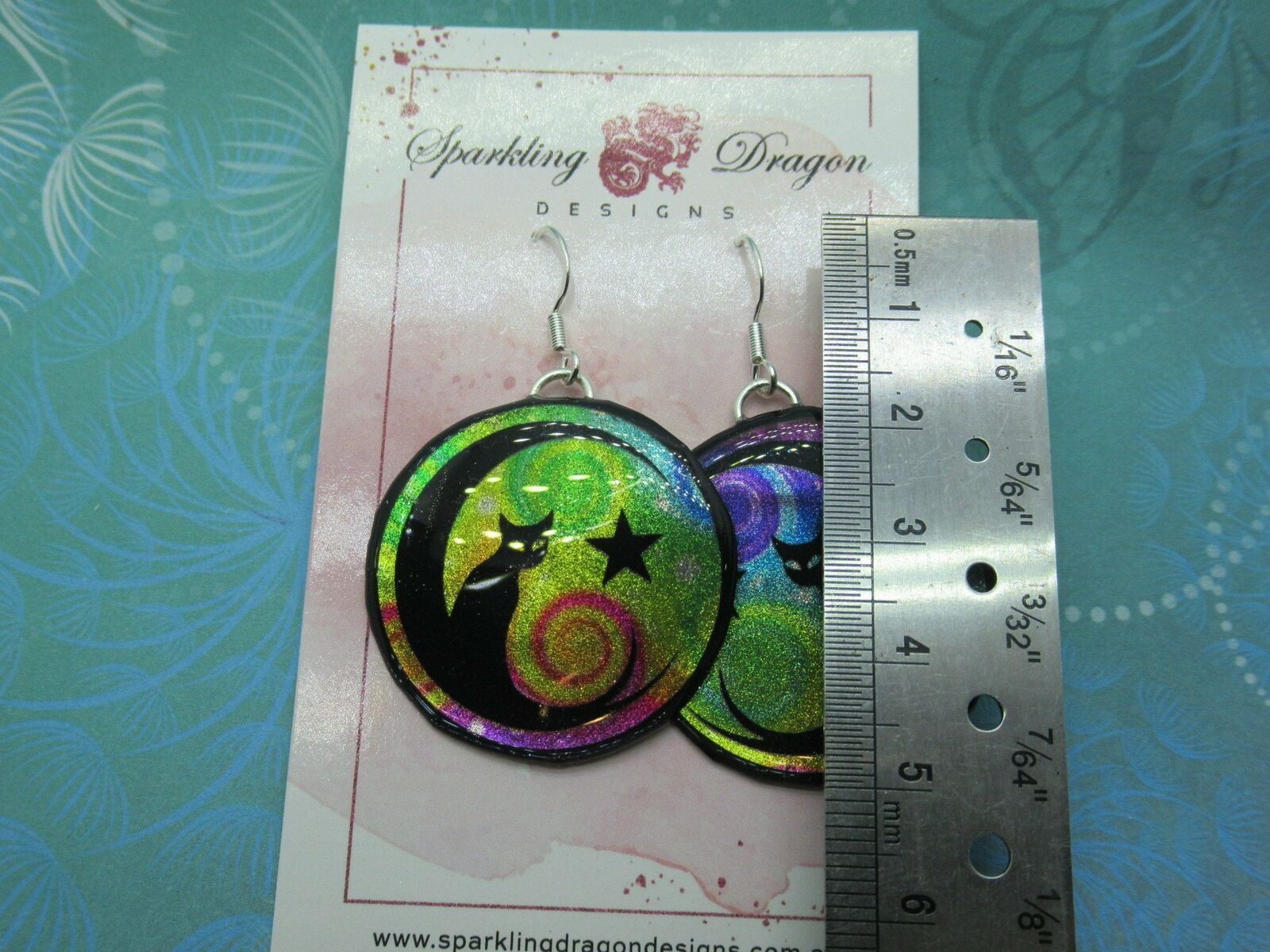 Mystic Kitty Witchy Cat Earrings - New Age Magical gift - Swirling Purle & Green - Image 3