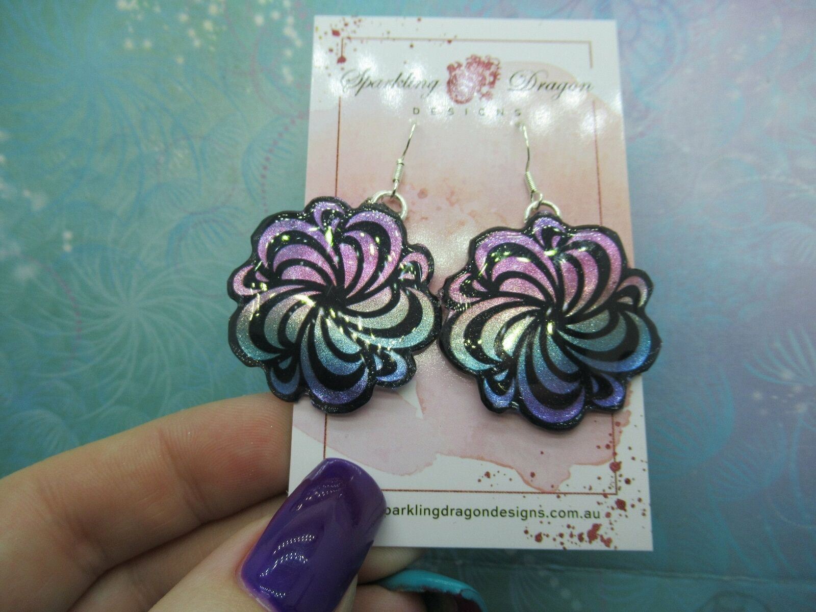 Pink and Pale Blue Swirling Flower Earrings - New Age gift - Resin