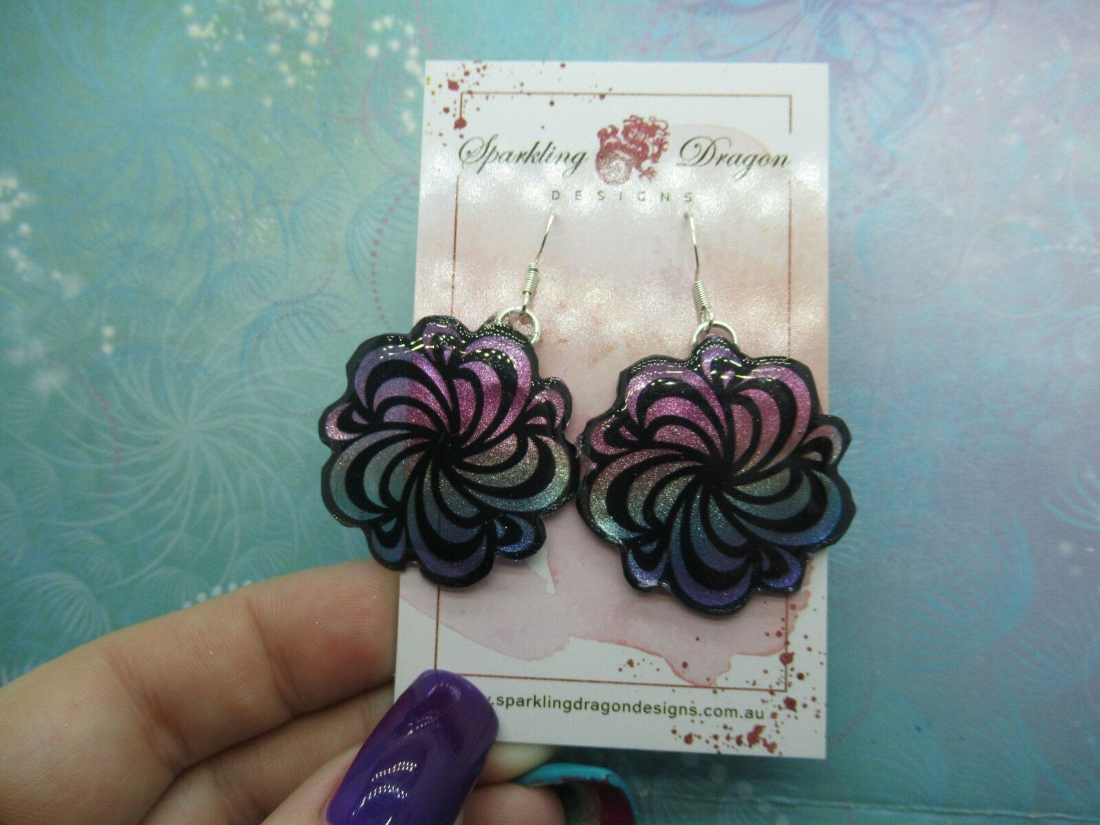 Pink and Pale Blue Swirling Flower Earrings - New Age gift - Resin - Image 2