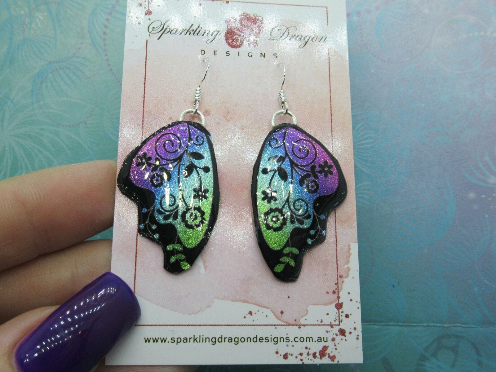 Butterfly Earrings Green to Pink with Flowers - Fairy Wing Jewellery