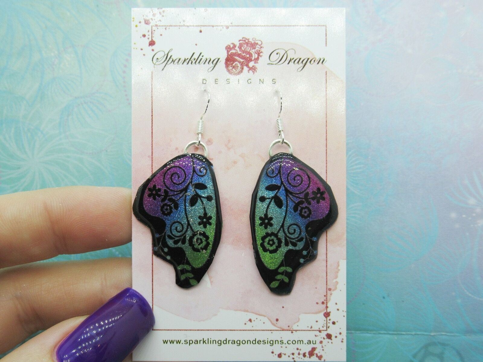 Butterfly Earrings Green to Pink with Flowers - Fairy Wing Jewellery - Image 2
