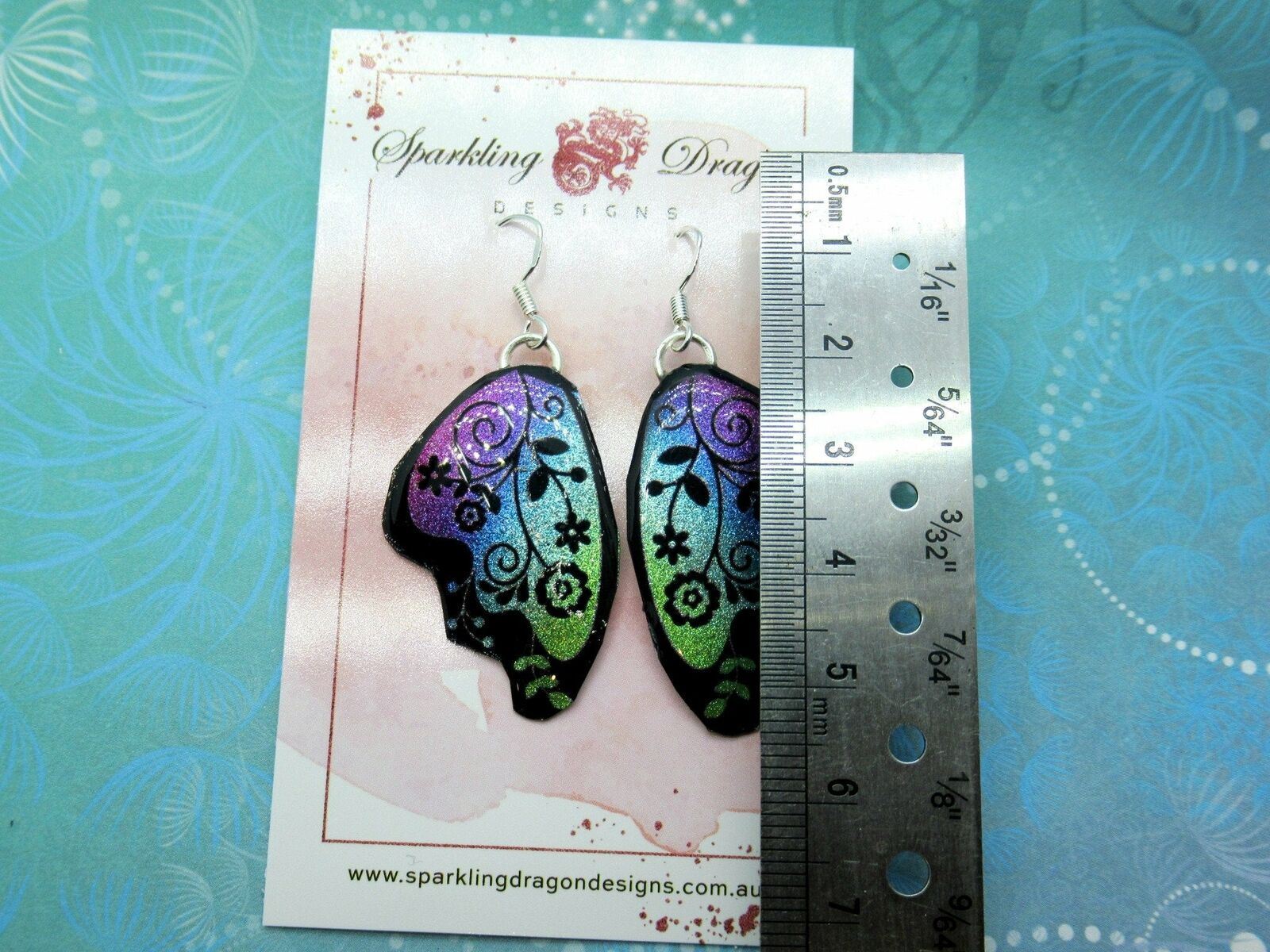 Butterfly Earrings Green to Pink with Flowers - Fairy Wing Jewellery - Image 3