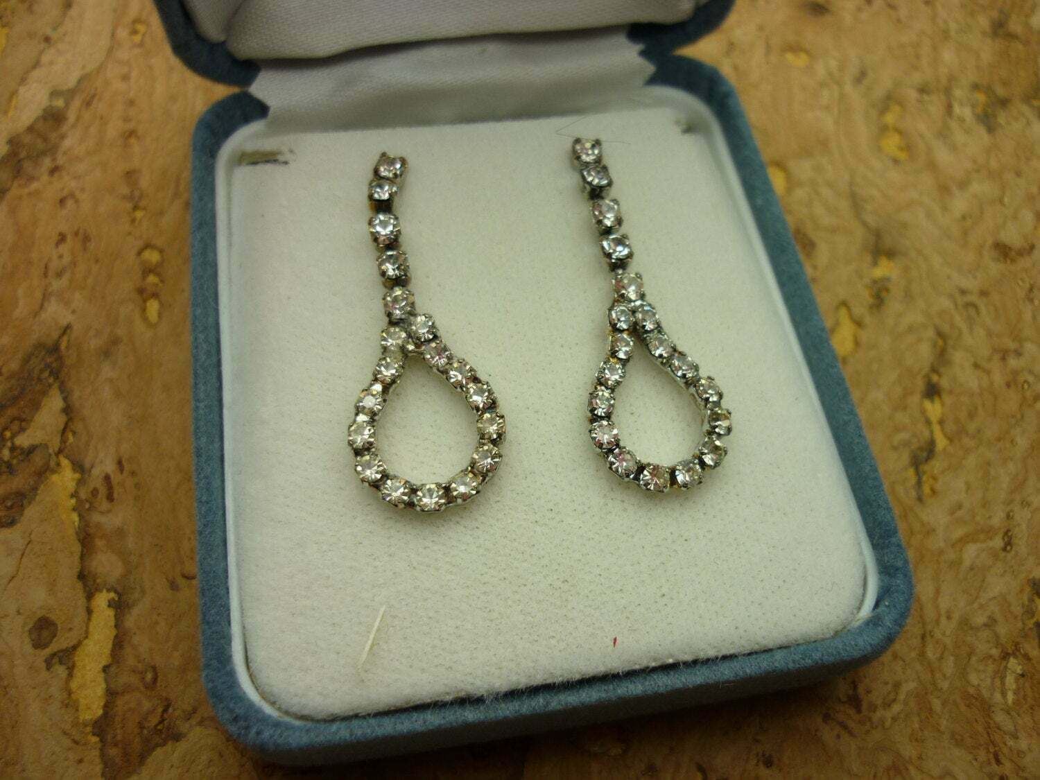 Vintage Silver Earrings - Sparkling Crystals - Loop Shape