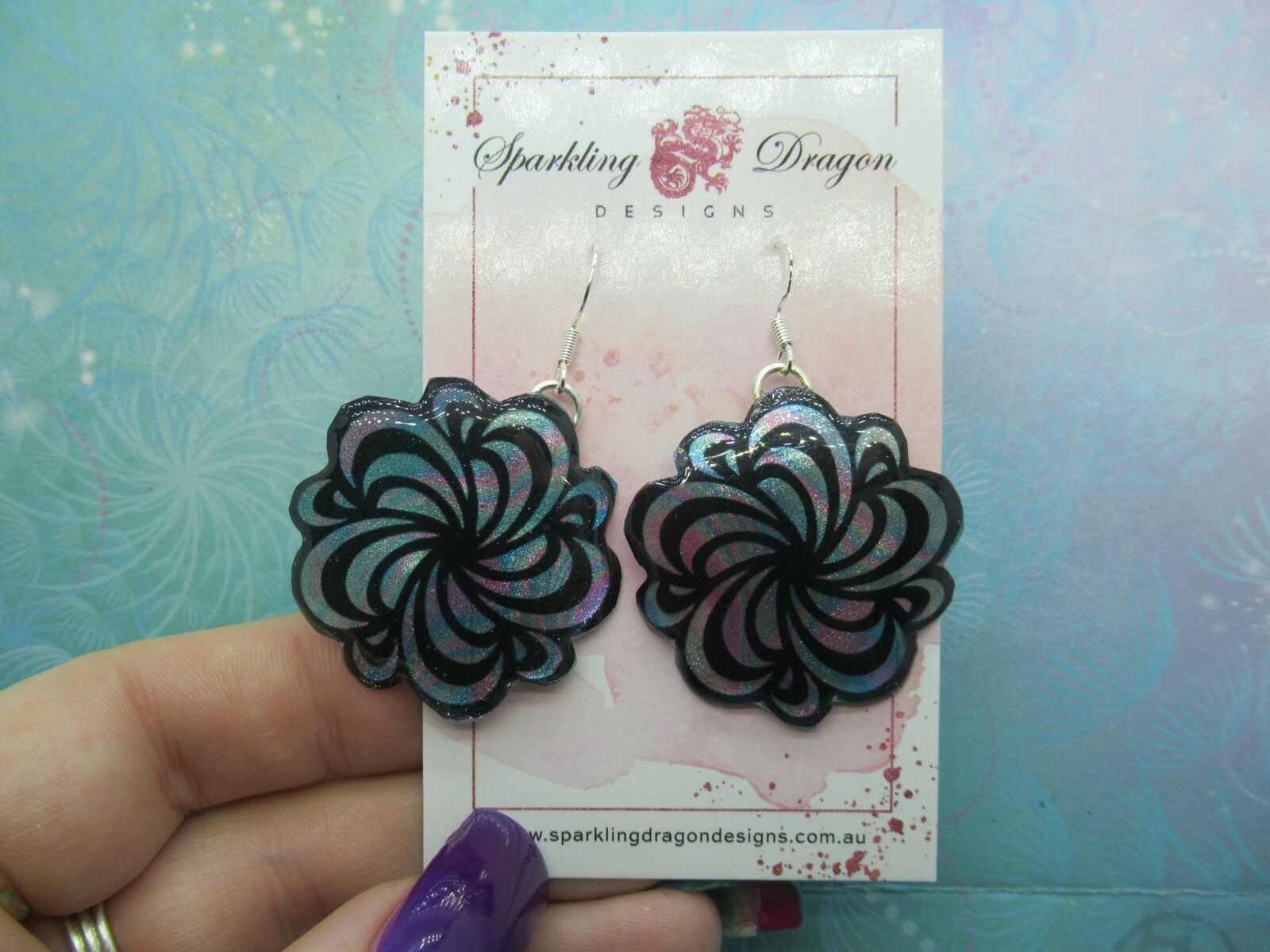 Pale Blue and Pink Swirling Flower Earrings - New Age Boho handcrafted gift - Image 2