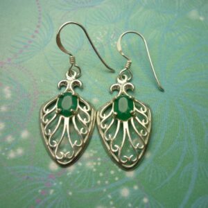 Vintage Sterling Silver Hook Leaf Earrings with Green Chalcedony Gemstones