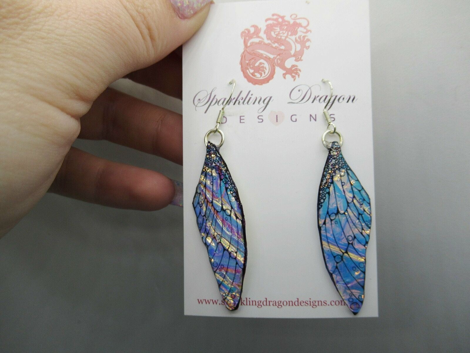 Butterfly Blue, Gold & Pink Shimmer Earrings - Fairy Jewellery Present - Image 2