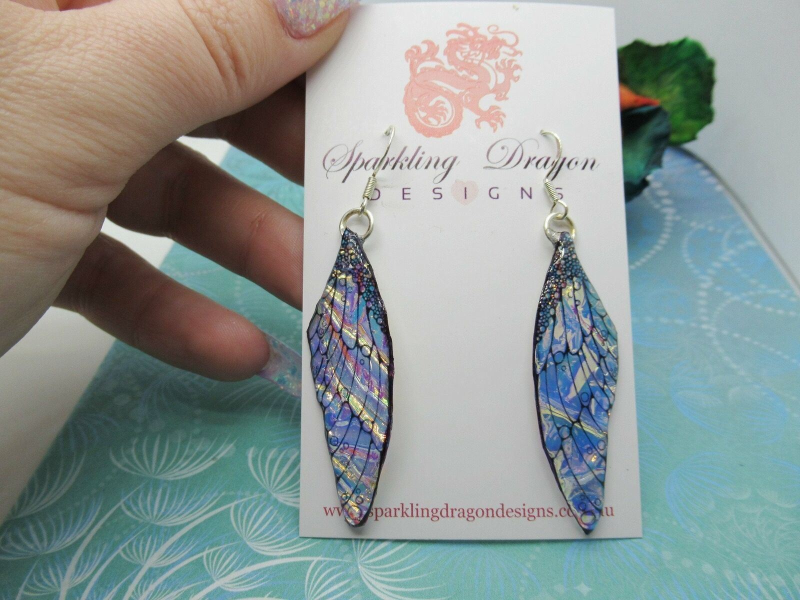 Butterfly Blue, Gold & Pink Shimmer Earrings - Fairy Jewellery Present - Image 3