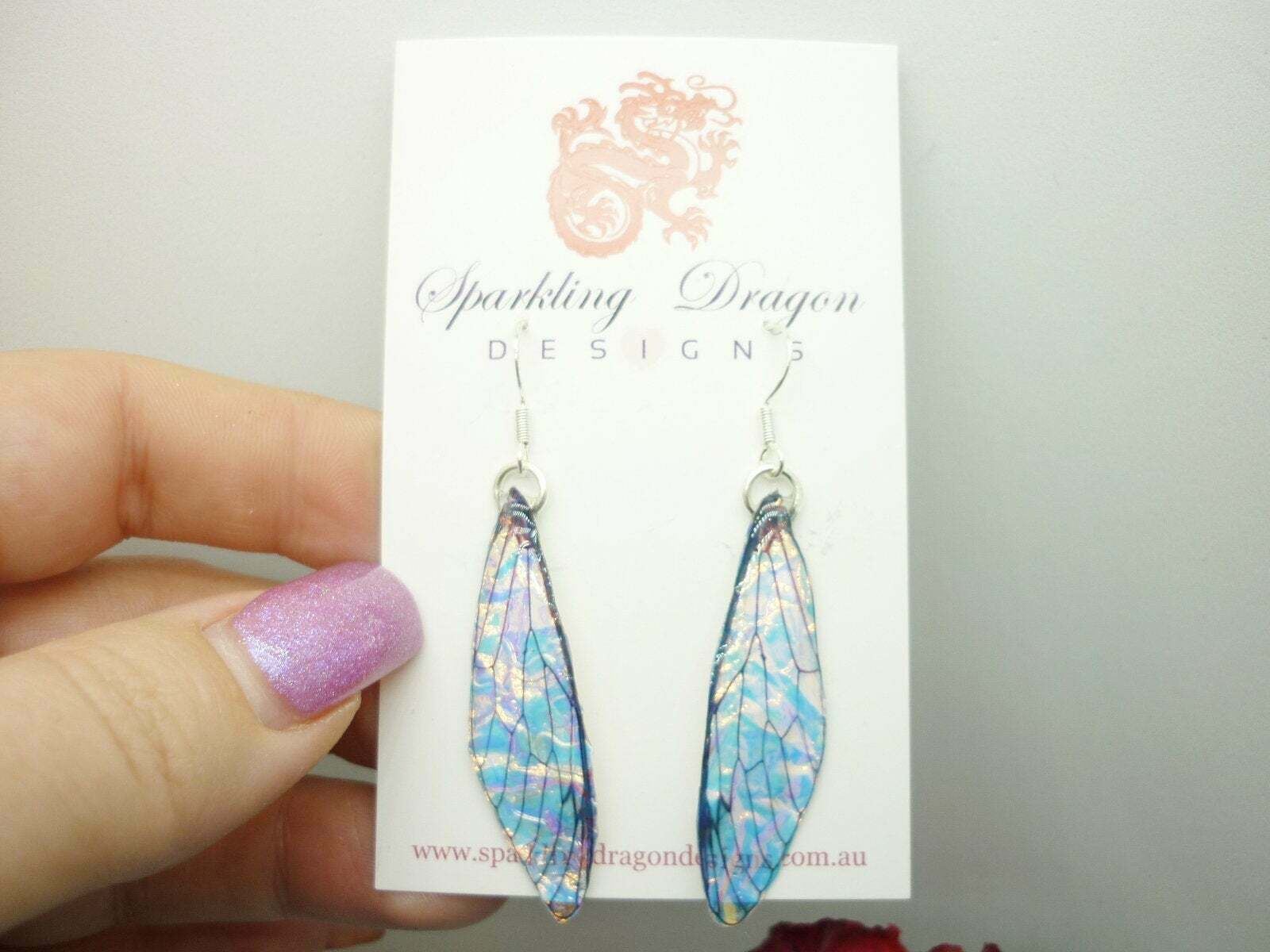 Butterfly Blue, Gold & Pink Shimmer Earrings - Fairy Jewellery Present - Image 7