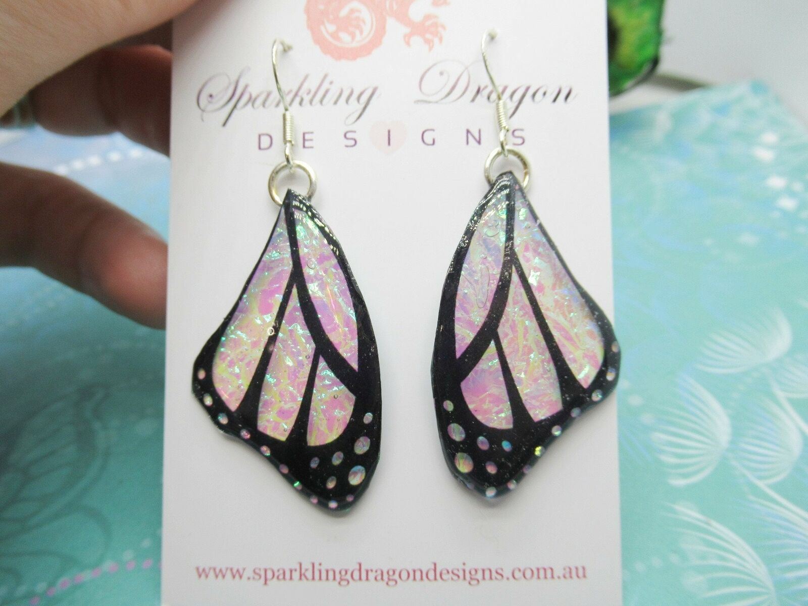 Butterfly Wings Earrings Colour Shift Pink & Green and Spots - Fairy Wings