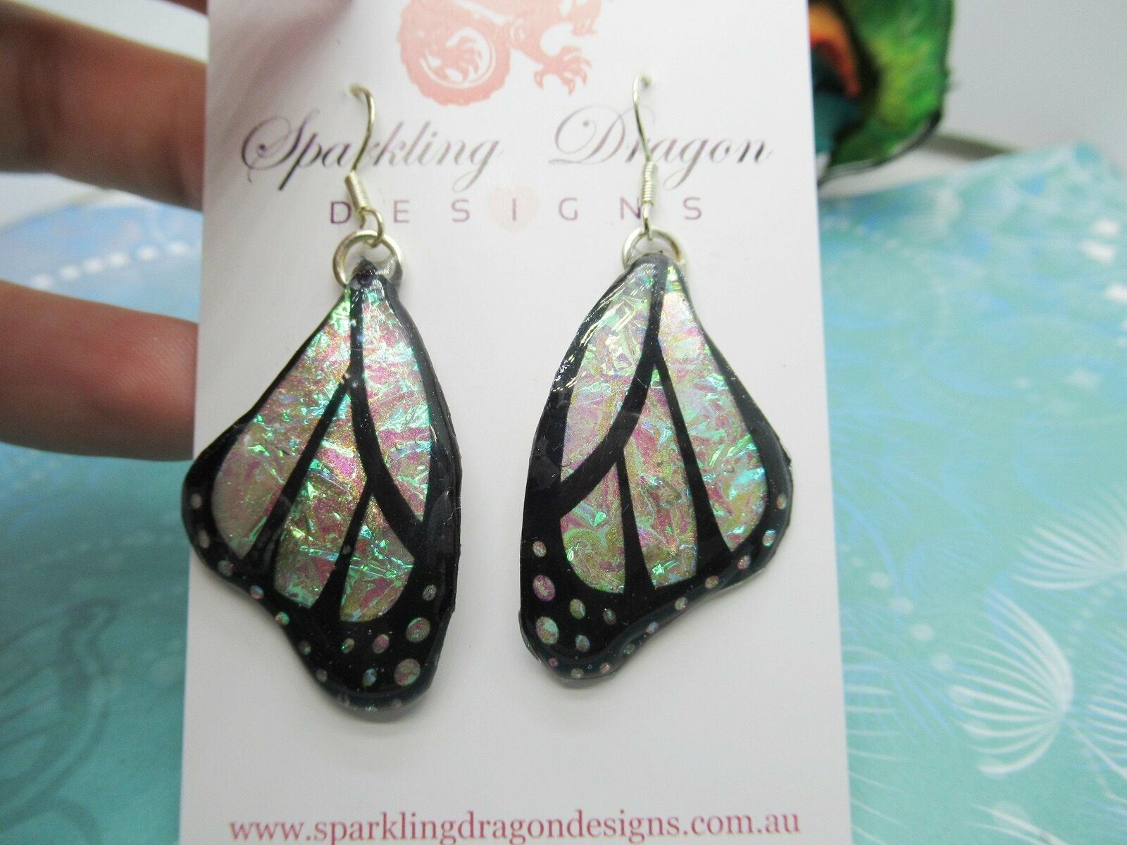 Butterfly Wings Earrings Colour Shift Pink & Green and Spots - Fairy Wings - Image 2