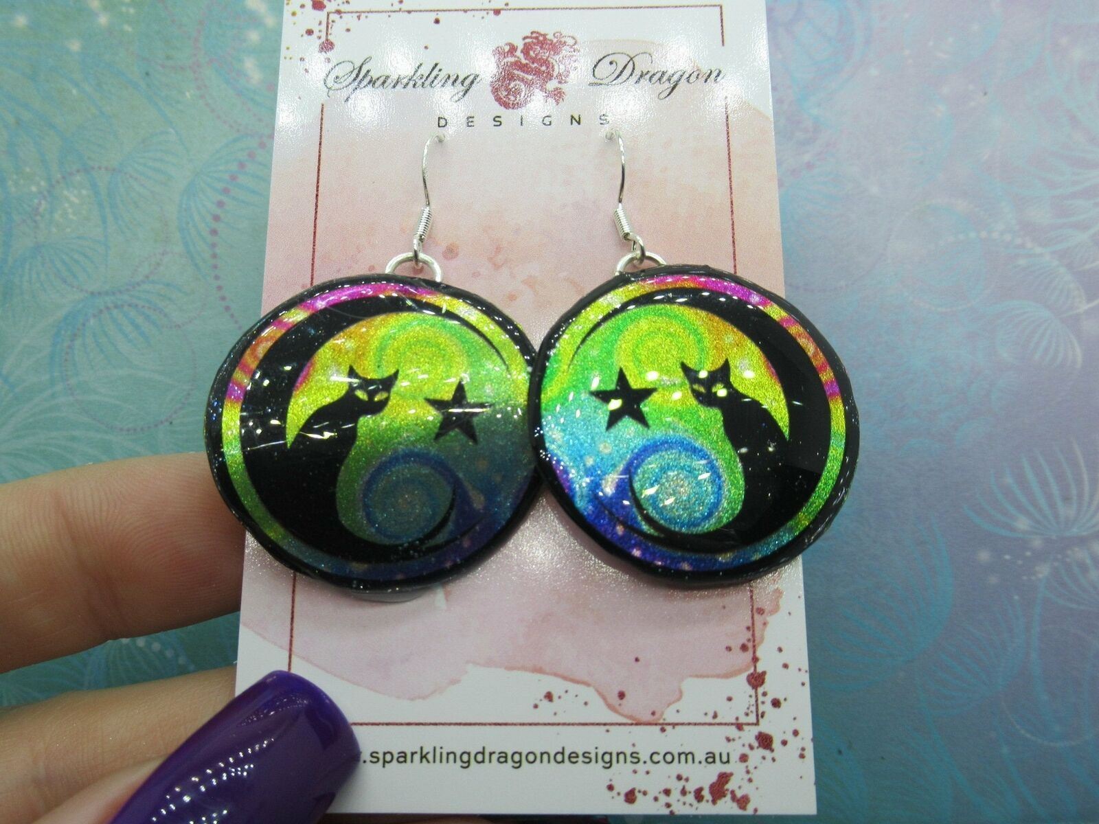 Mystic Kitty Witchy Cat Earrings - New Age Boho gift - Swirling Blue & Green