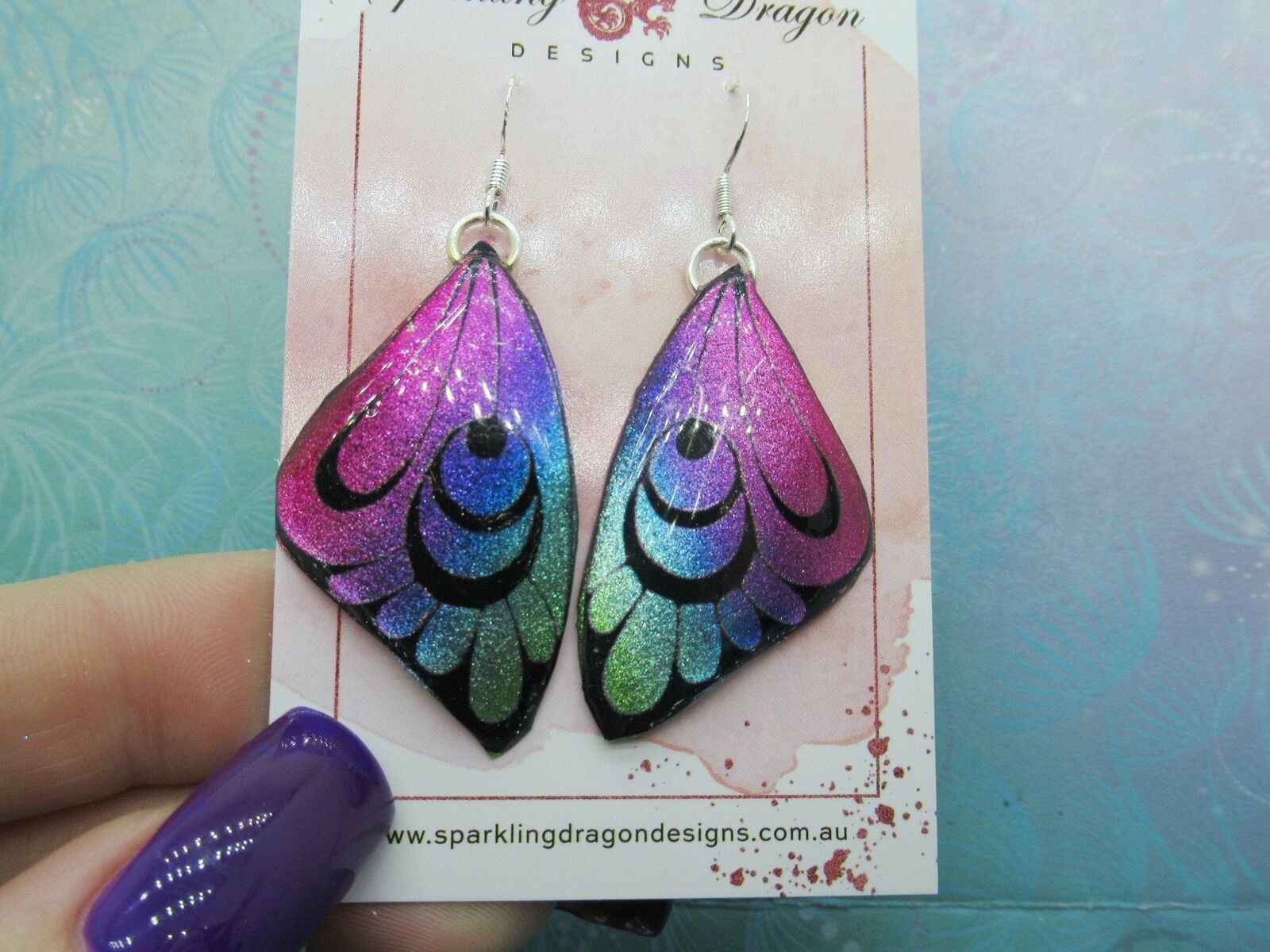 Simply Stunning Shimmery Butterfly Earrings Pink and Blue with Crescent Moons