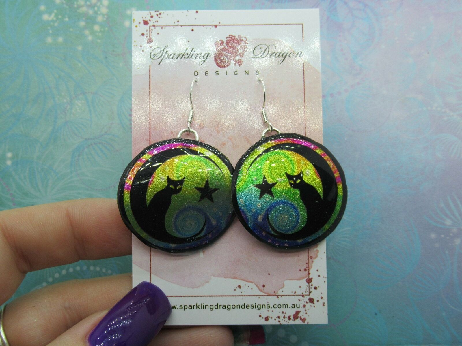 Mystic Kitty Witchy Cat Earrings - New Age Boho gift - Swirling Blue & Green - Image 2