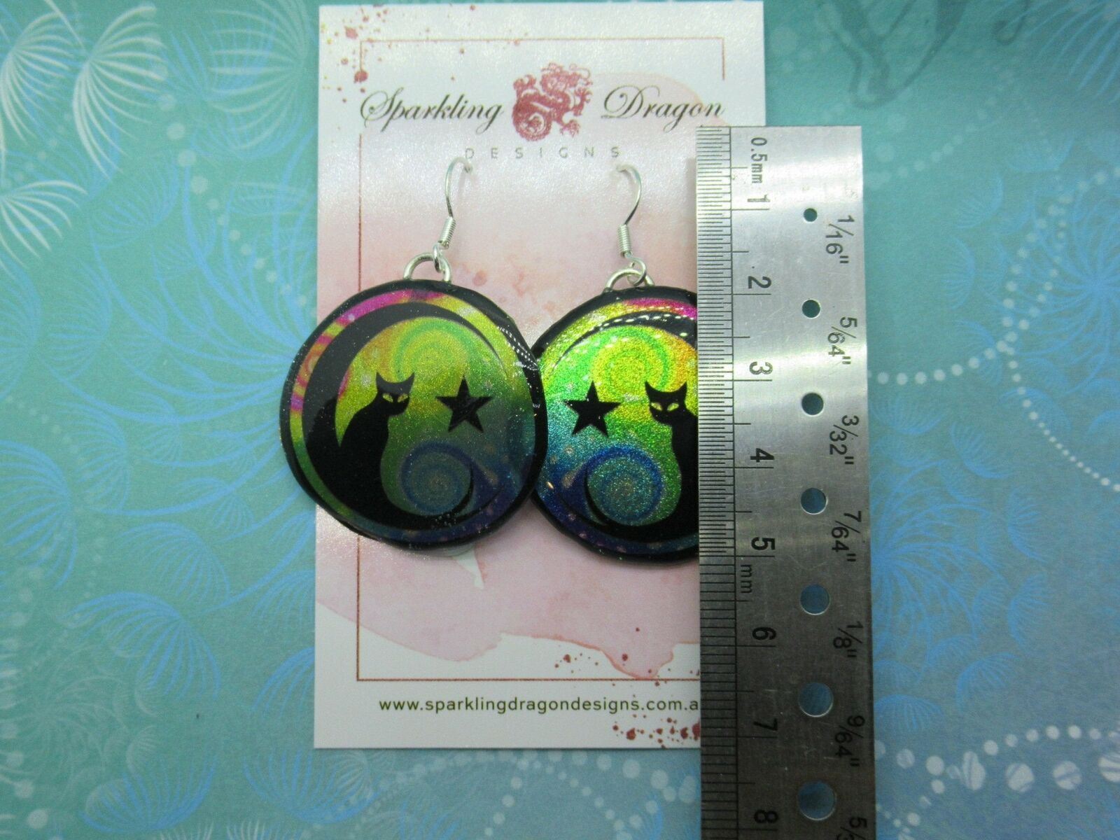 Mystic Kitty Witchy Cat Earrings - New Age Boho gift - Swirling Blue & Green - Image 3