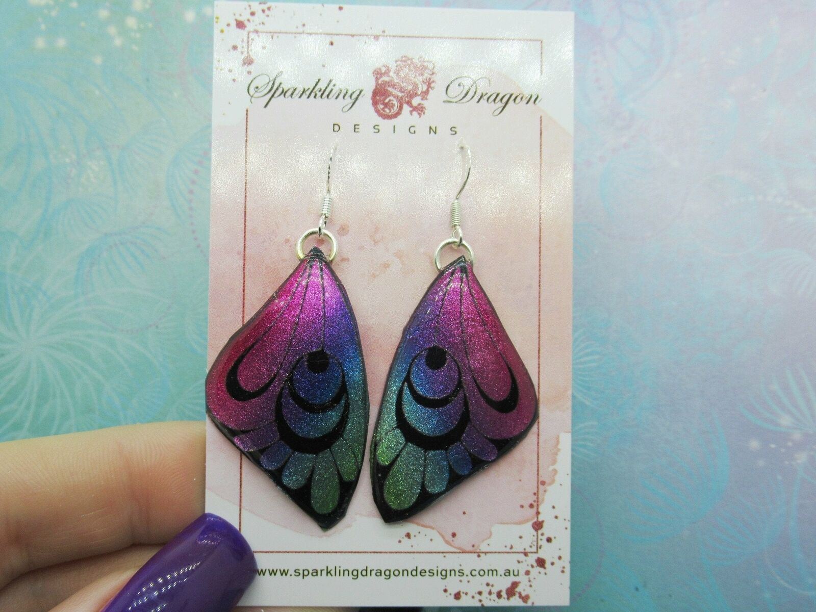 Simply Stunning Shimmery Butterfly Earrings Pink and Blue with Crescent Moons - Image 2
