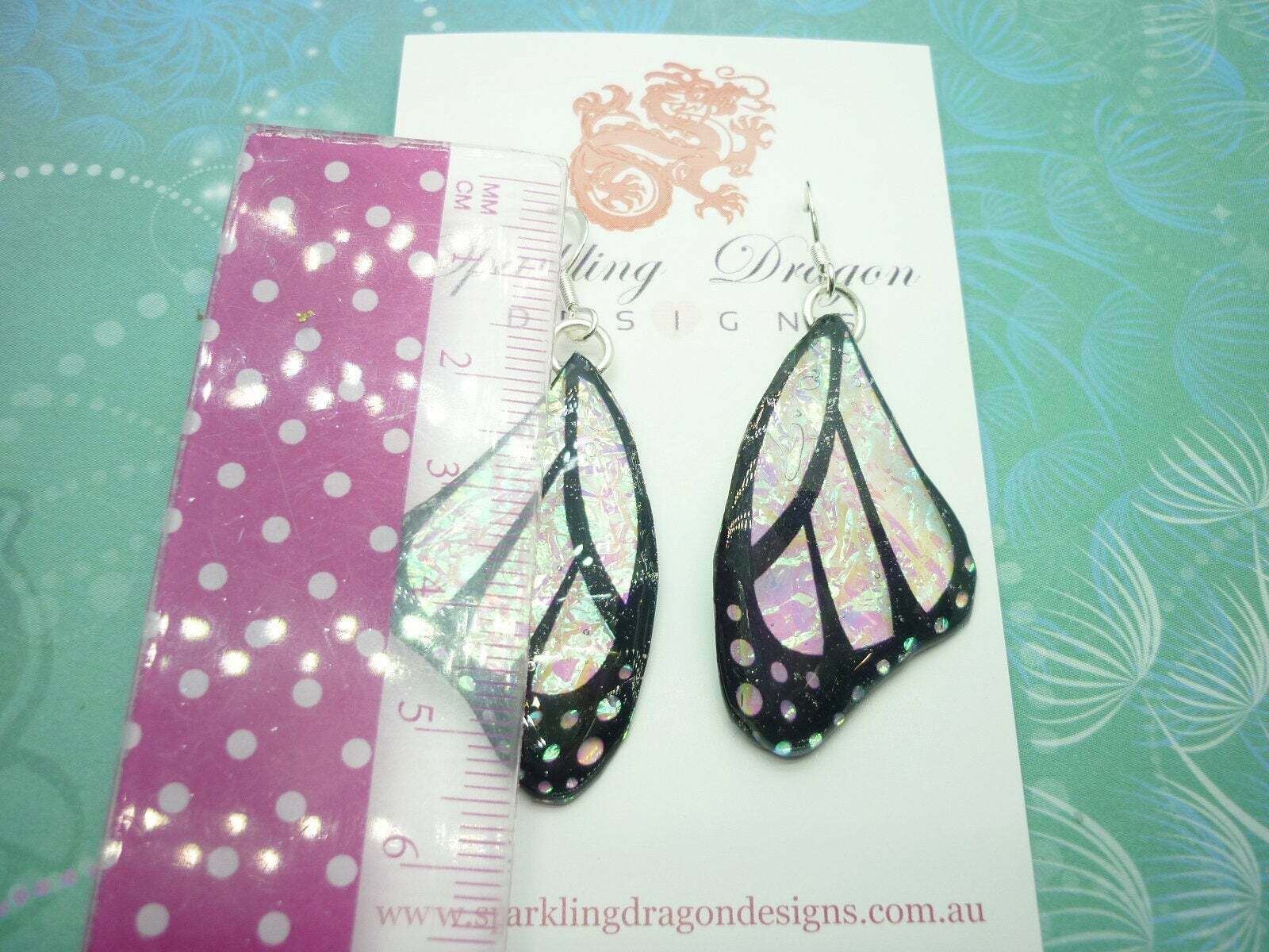 Butterfly Wings Earrings Colour Shift Pink & Green and Spots - Fairy Wings - Image 4