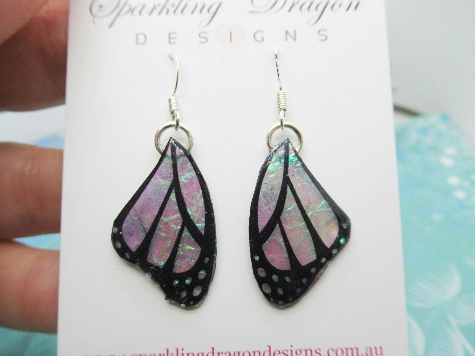 Butterfly Wings Earrings Colour Shift Pink & Green and Spots - Fairy Wings - Image 6