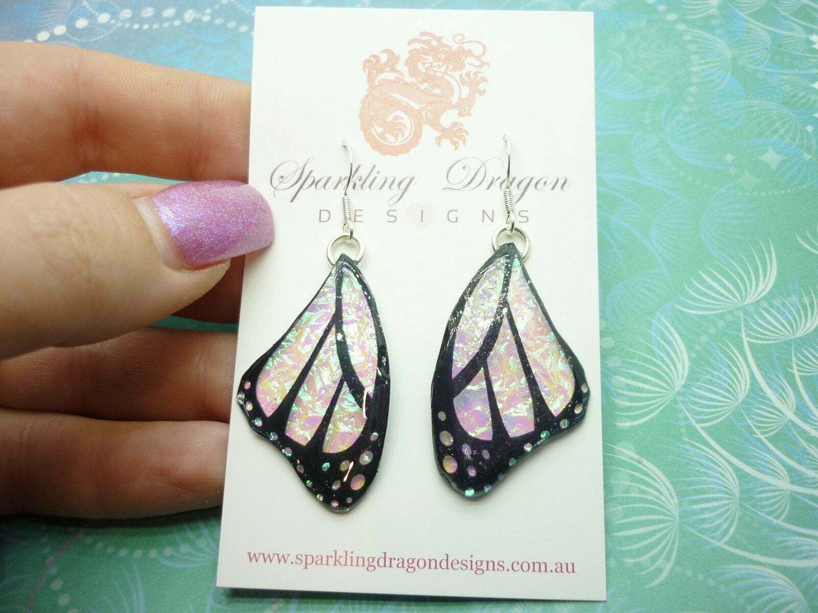 Butterfly Wings Earrings Colour Shift Pink & Green and Spots - Fairy Wings - Image 7