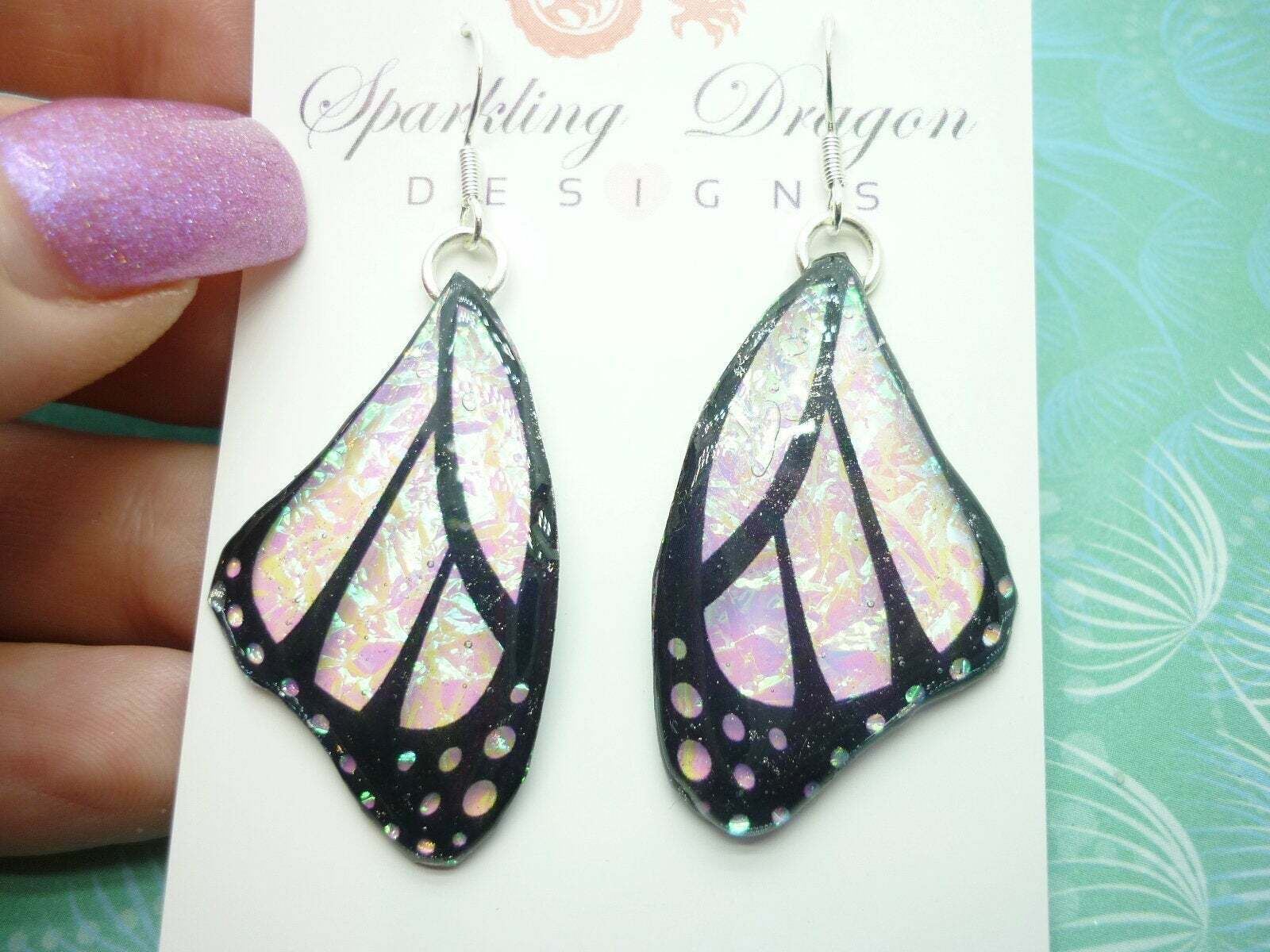 Butterfly Wings Earrings Colour Shift Pink & Green and Spots - Fairy Wings - Image 8