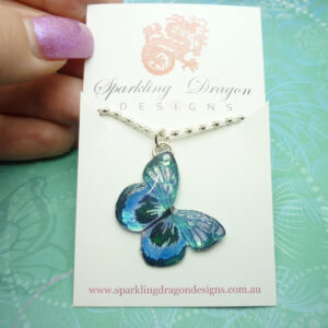 Little Butterfly Necklace, Blue and Black on a Sparkle Silver Plated Chain - Fairy Jewellery, Fun Gift for her Resin with Glitter Finish