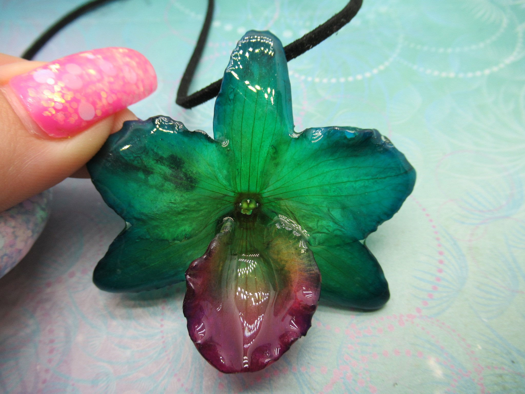 Real Orchid Flower Necklace - Translucent Mermaid Green. This is a REAL Orchid flower preserved in resin, making a unique necklace - Image 3