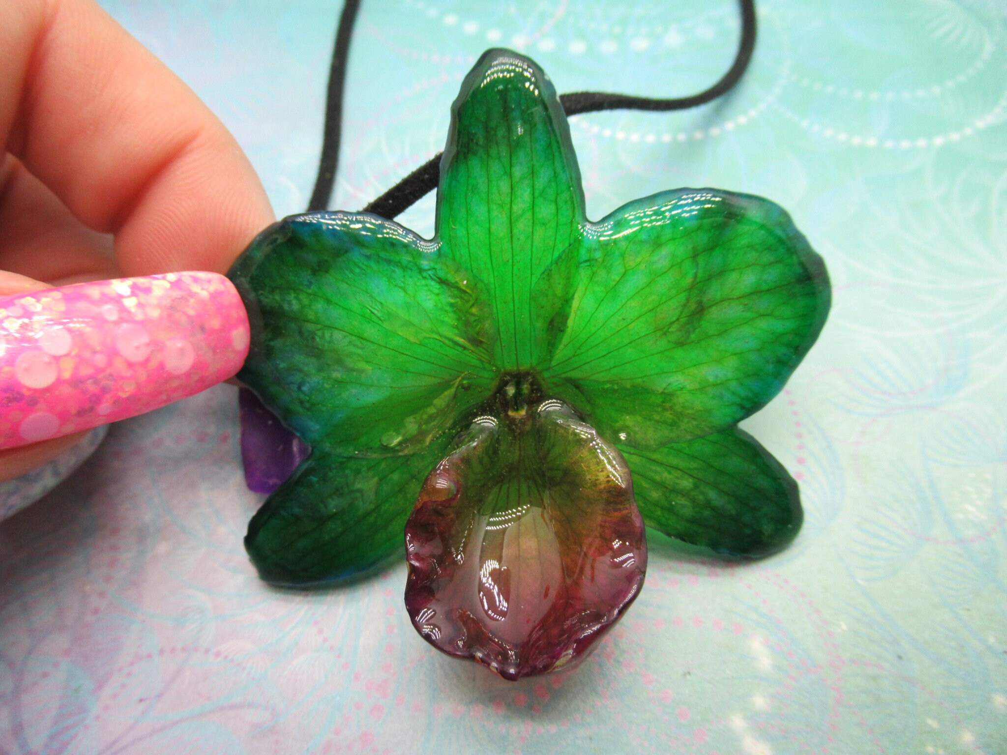 Real Orchid Flower Necklace - Translucent Mermaid Green. This is a REAL Orchid flower preserved in resin, making a unique necklace - Image 5