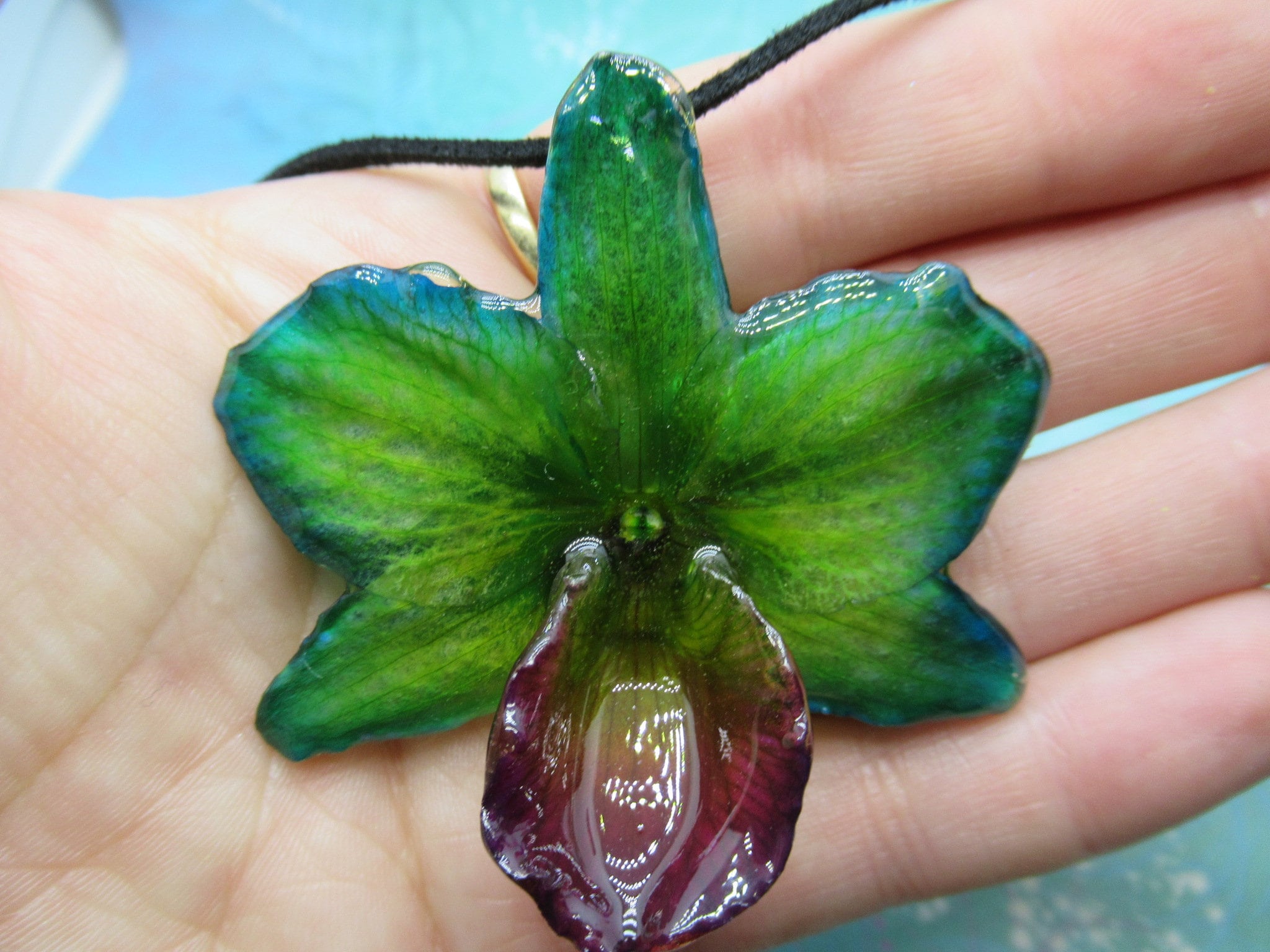 Real Orchid Flower Necklace - Translucent Mermaid Green. This is a REAL Orchid flower preserved in resin, making a unique necklace - Image 7