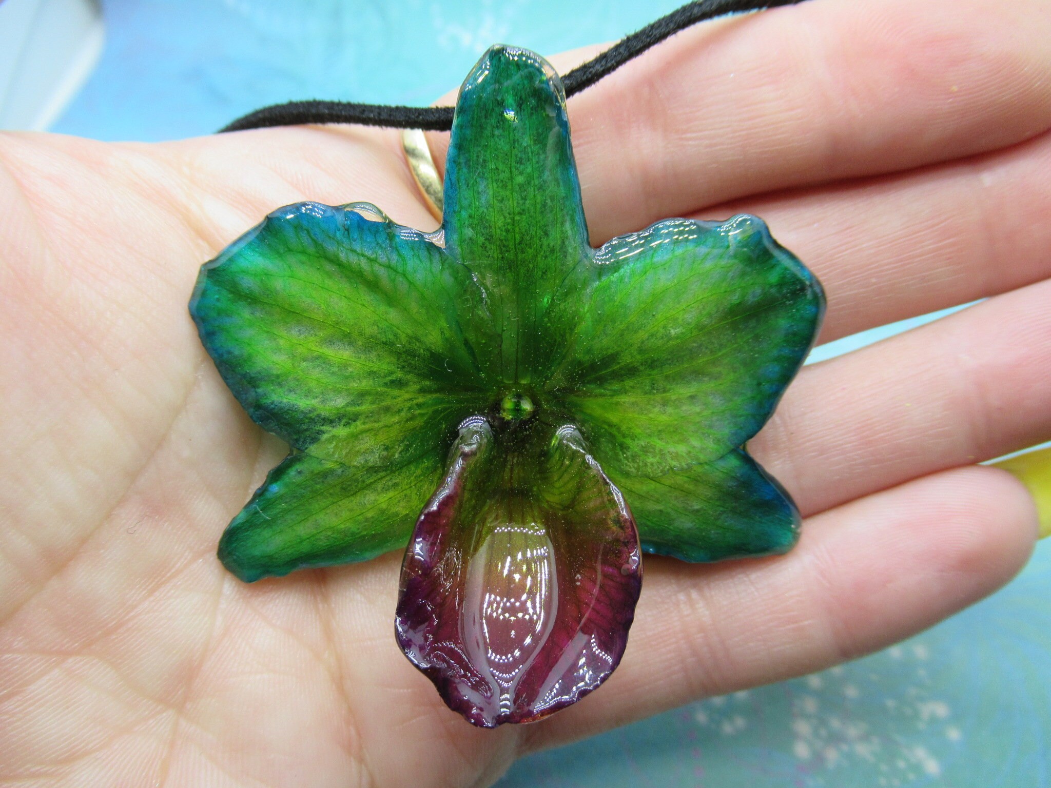 Real Orchid Flower Necklace - Translucent Mermaid Green. This is a REAL Orchid flower preserved in resin, making a unique necklace - Image 8