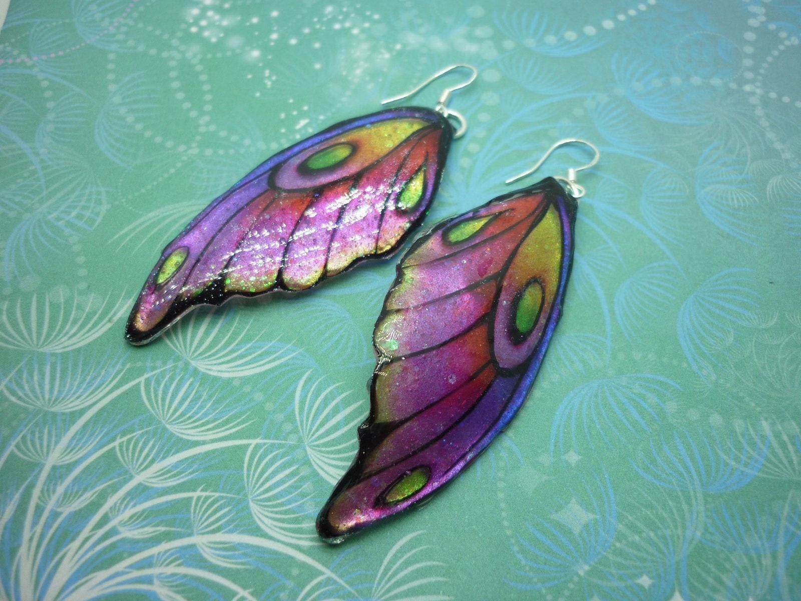 Butterfly Wing Earrings Pink and Yellow Fairy Jewellery, Fun Gift for her Fairy Wing Earrings - Sparkly - Resin with Glitter Finish