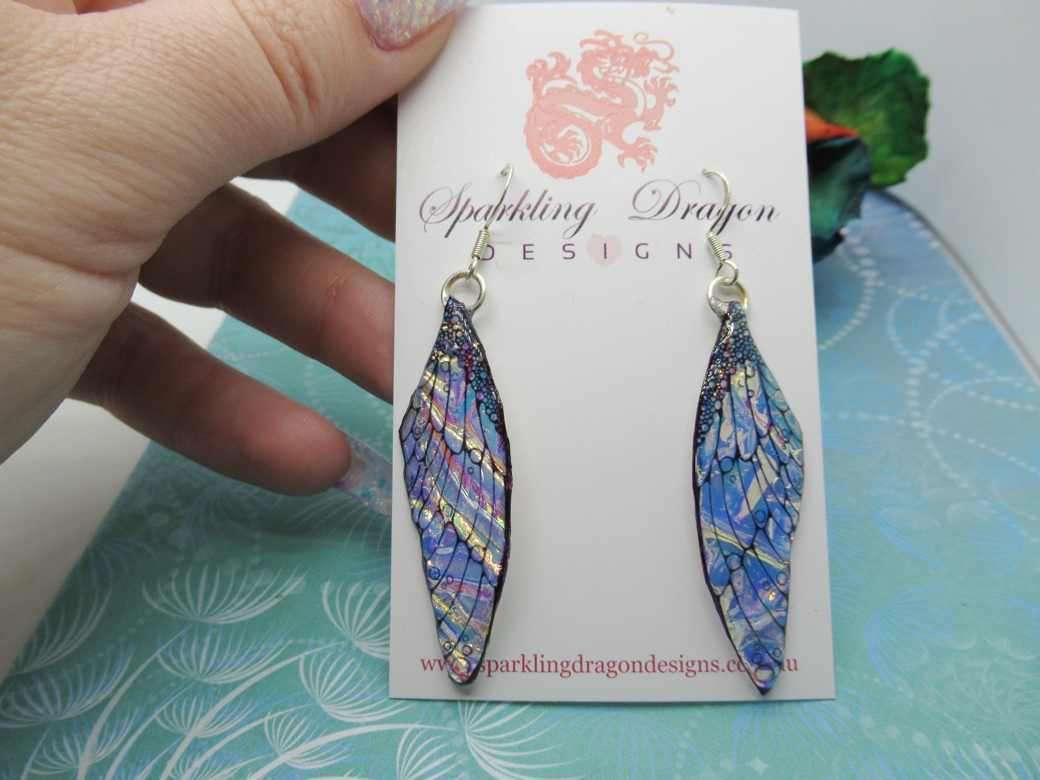 Butterfly Blue, Gold & Pink Shimmer Earrings - Fairy Jewellery, Fun Gift Statement Present Sparkly - Resin with Glitter Finish Dragonfly - Image 3