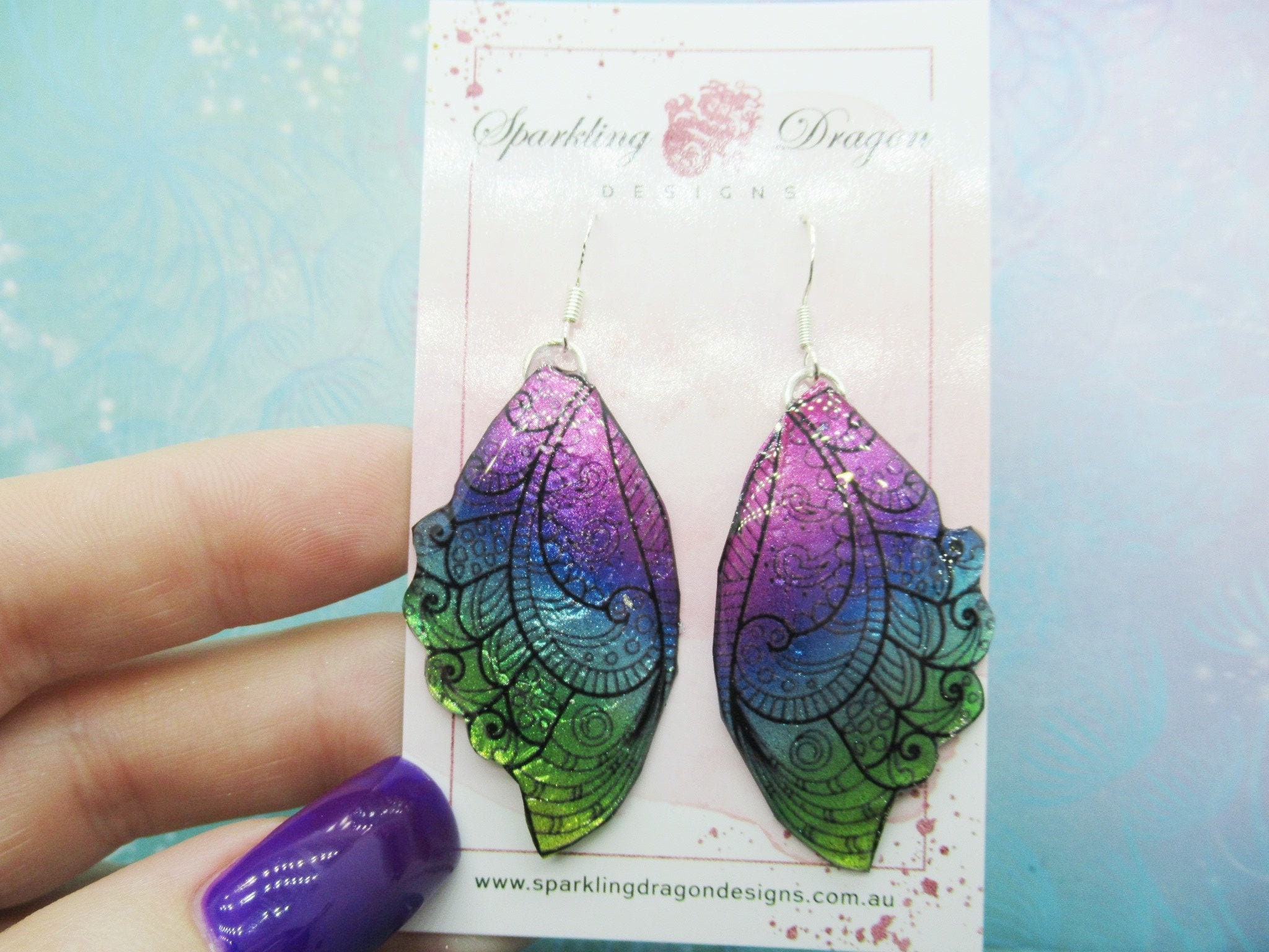 Butterfly Earrings Rainbow & Black Patterned - Fairy Jewellery, Fun Gift for her Fairy Wing Earrings - Sparkly - Resin with Glitter Finish - Image 2