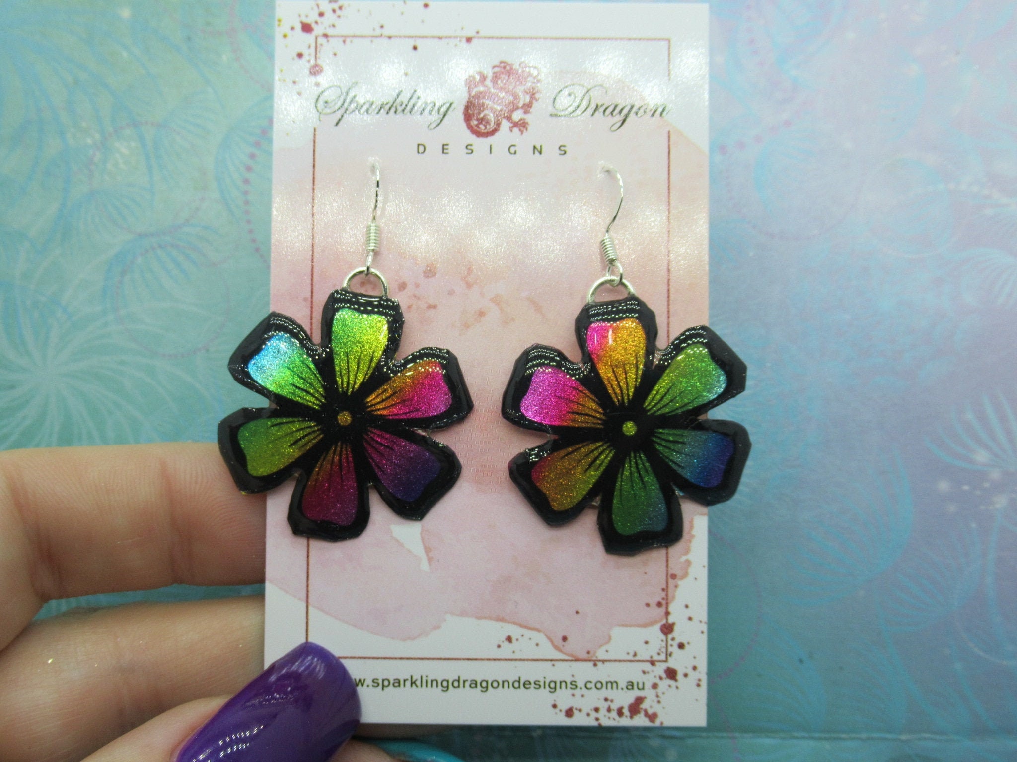 Feel Good Flower Earrings - New Age Boho gift - Rainbow Colours in Resin with Glitter Finish, Gift for Mum, Teacher Gift, Birthday Present