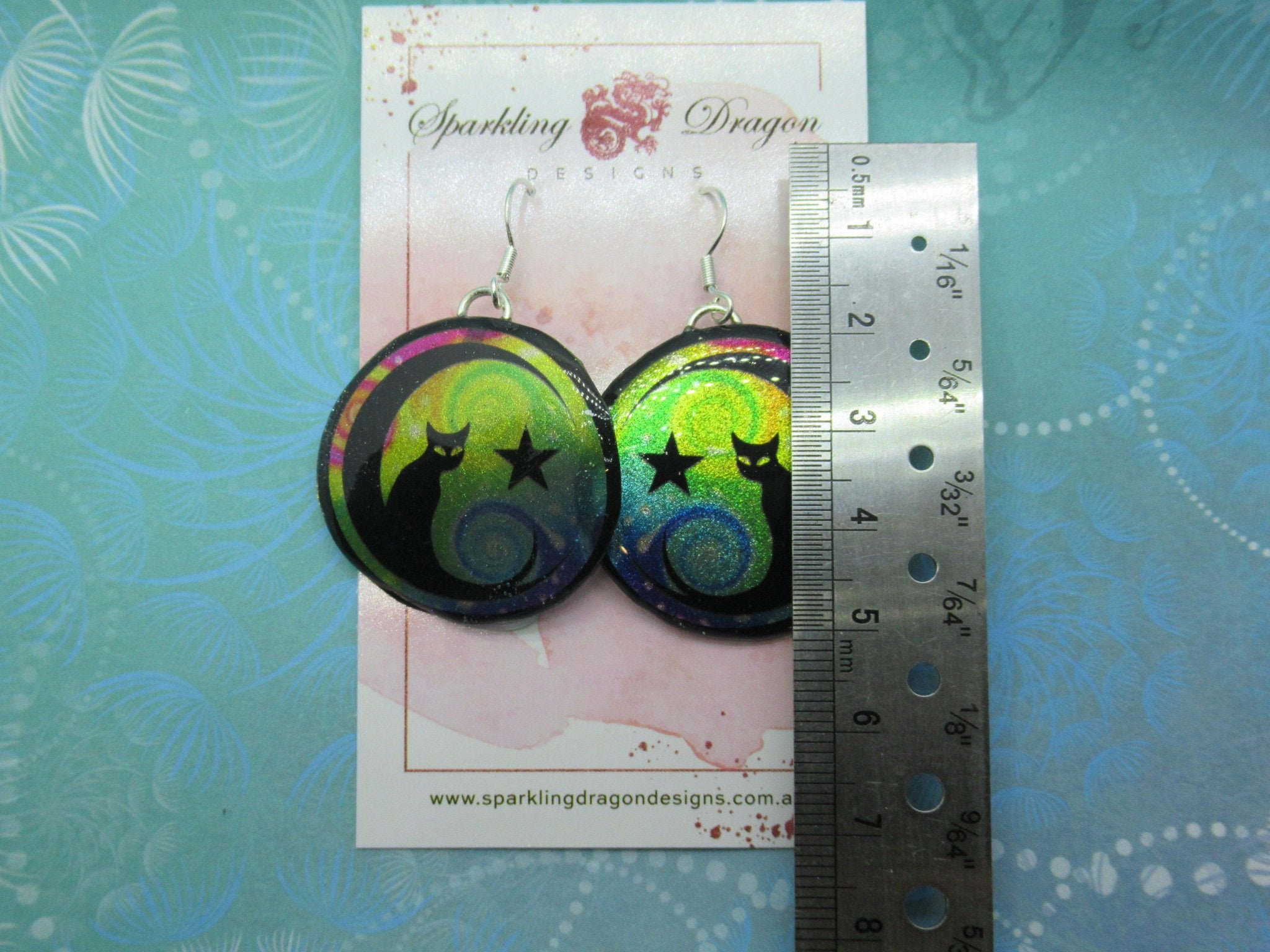 Mystic Kitty Witchy Cat Earrings - New Age Boho gift - Swirling Blue & Green in Resin with Glitter Finish - Image 3