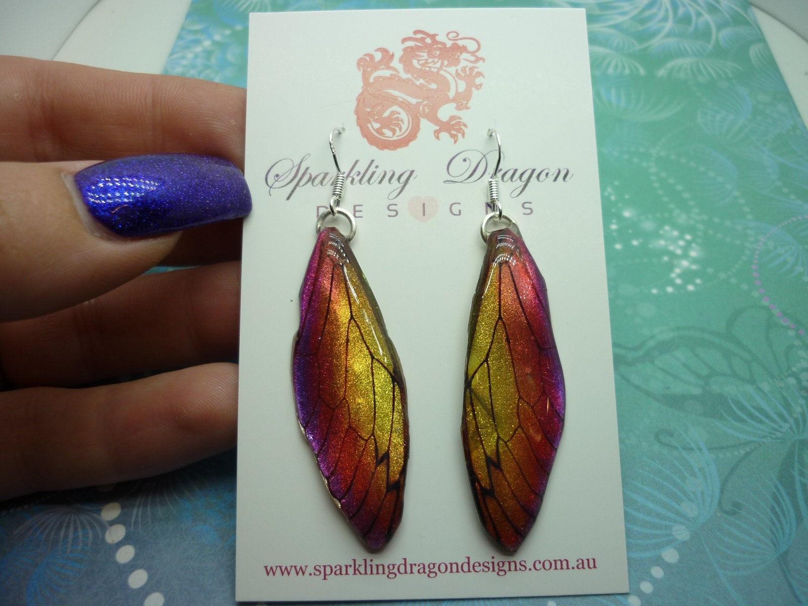 Butterfly Wing Yellow & Orange Earrings - Fairy Jewellery, Fun Gift for her Statement Present Sparkly - Rainbow Resin with Glitter Finish
