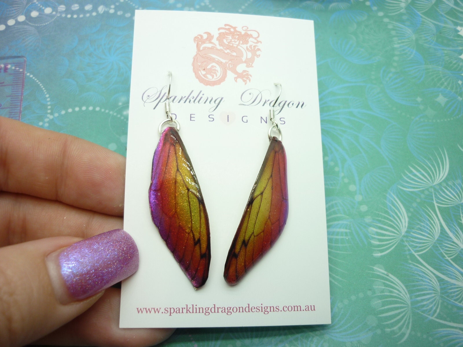 Butterfly Wing Yellow & Orange Earrings - Fairy Jewellery, Fun Gift for her Statement Present Sparkly - Rainbow Resin with Glitter Finish - Image 2