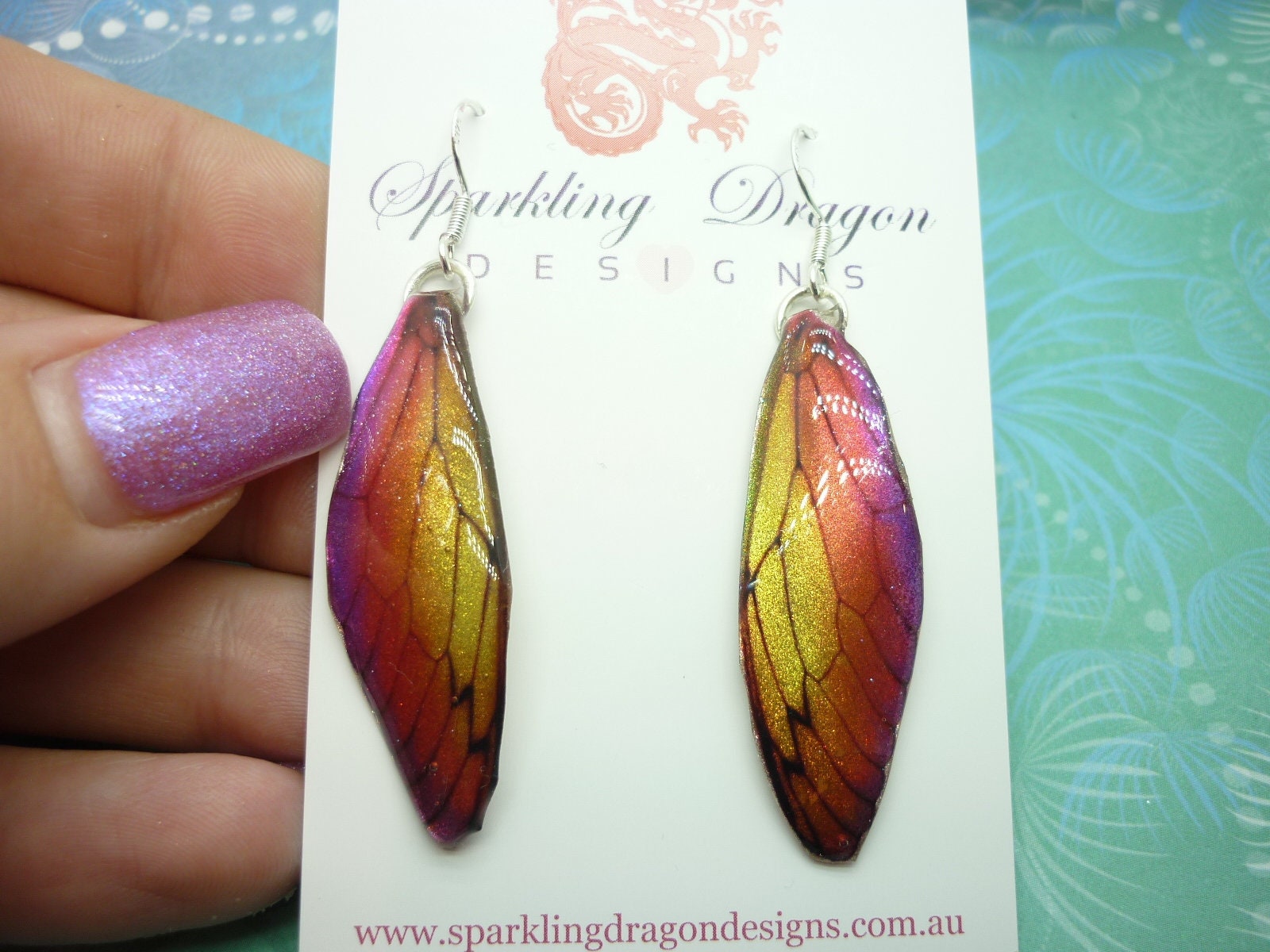Butterfly Wing Yellow & Orange Earrings - Fairy Jewellery, Fun Gift for her Statement Present Sparkly - Rainbow Resin with Glitter Finish - Image 4