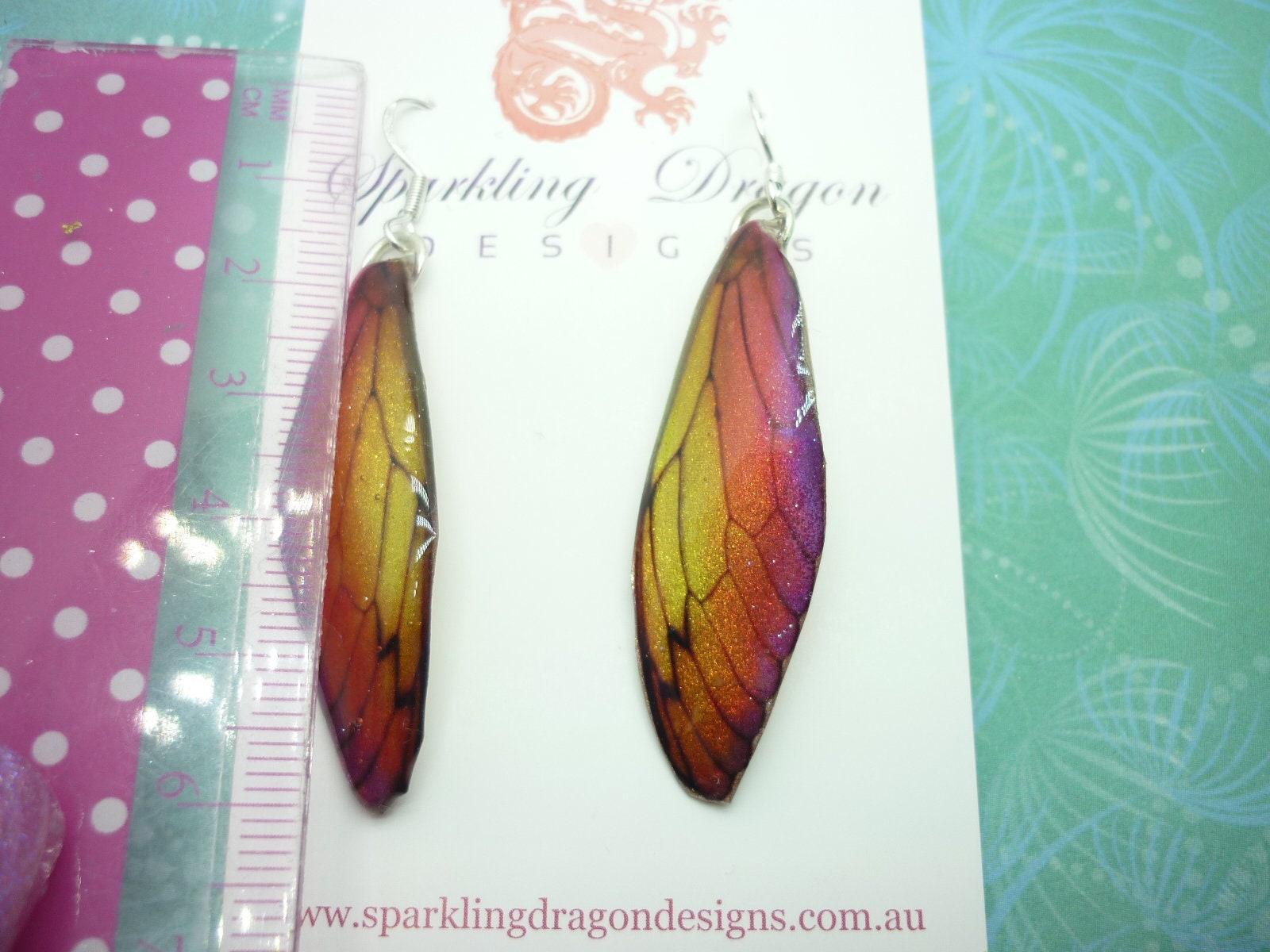 Butterfly Wing Yellow & Orange Earrings - Fairy Jewellery, Fun Gift for her Statement Present Sparkly - Rainbow Resin with Glitter Finish - Image 6