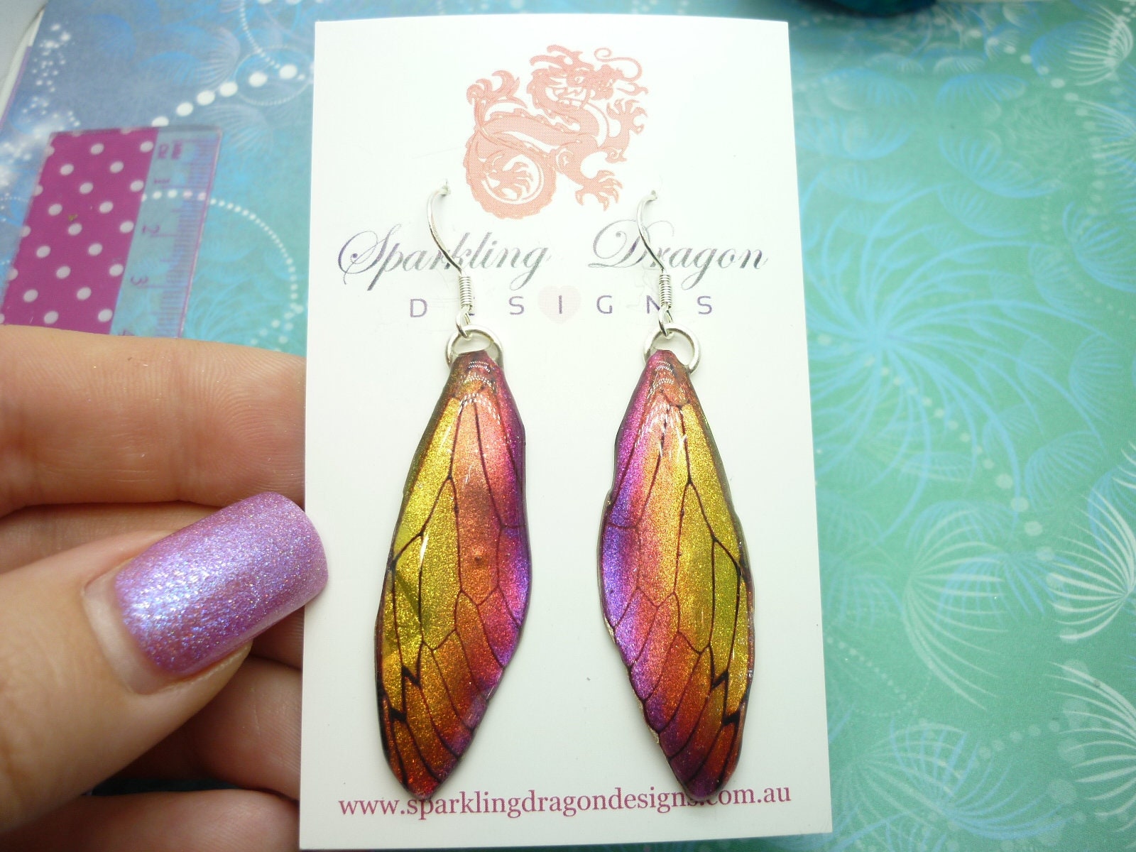 Butterfly Wing Yellow & Orange Earrings - Fairy Jewellery, Fun Gift for her Statement Present Sparkly - Rainbow Resin with Glitter Finish - Image 8