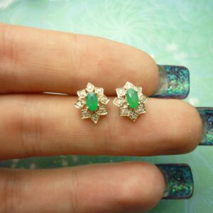 Green Chalcedony Gemstones and Cubic Zirconia - Vintage Sterling Silver Earrings Dainty 925 Silver