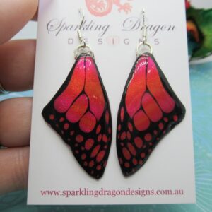 Ruby Red Butterfly Wing Medium Size Earrings Stained Glass - Fairy Jewellery - Sparkly and Shimmery Pink Hues - Resin with Glitter Finish