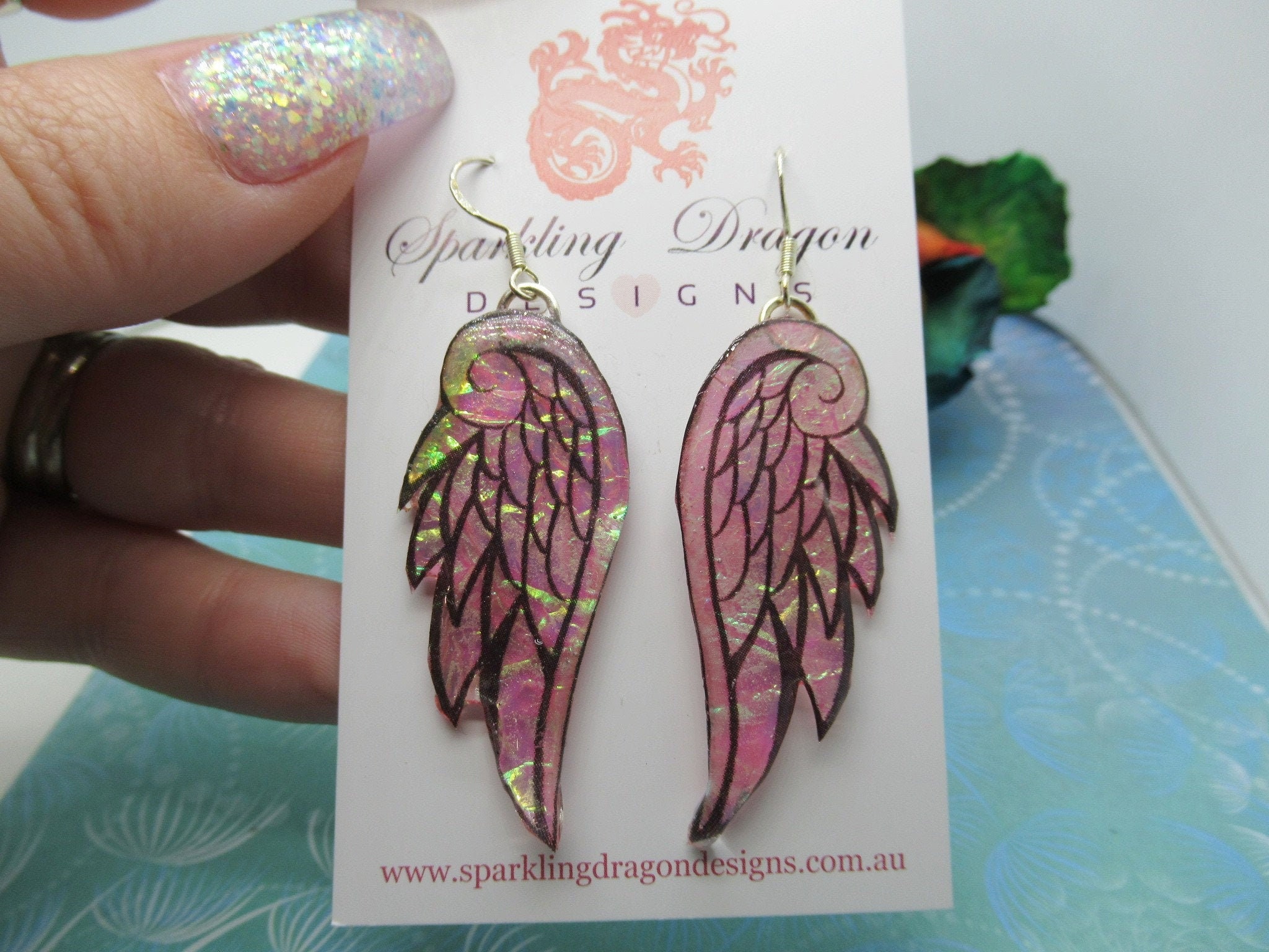 Sparkling Angel Wing Earrings, Pink and Gold - New Age Boho gift - Resin with Glitter Finish - Image 2