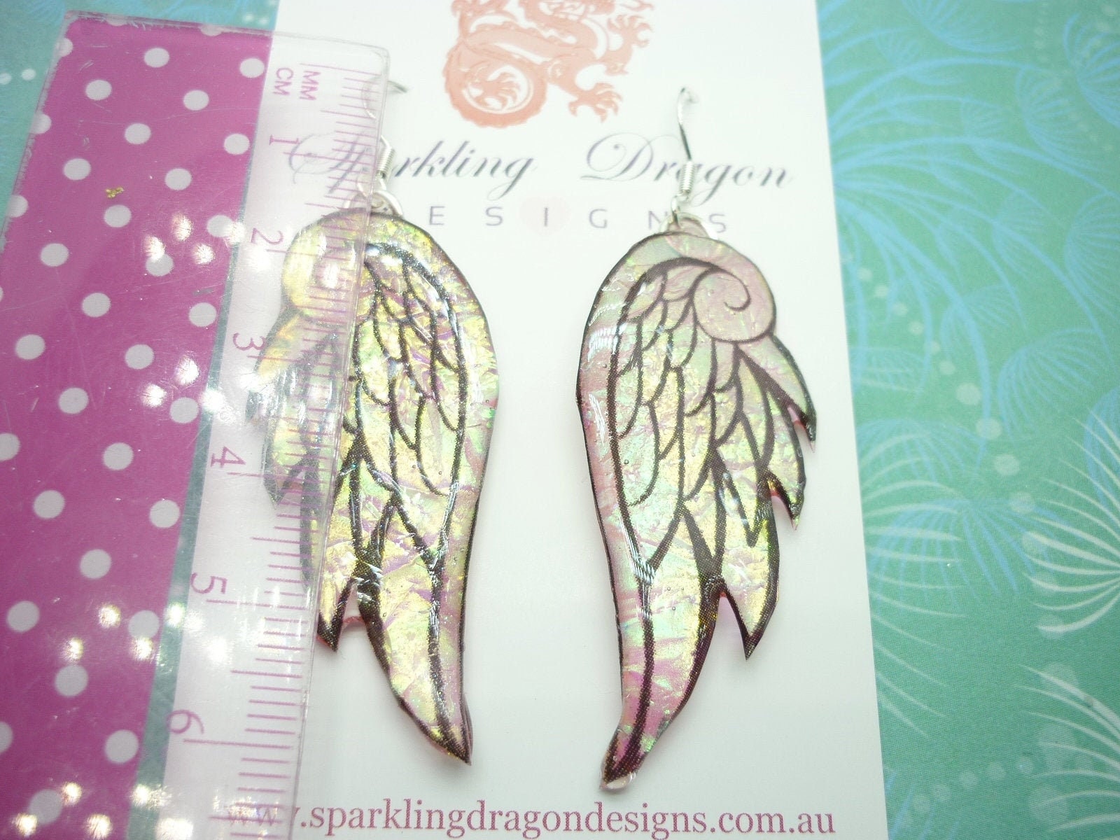 Sparkling Angel Wing Earrings, Pink and Gold - New Age Boho gift - Resin with Glitter Finish - Image 3