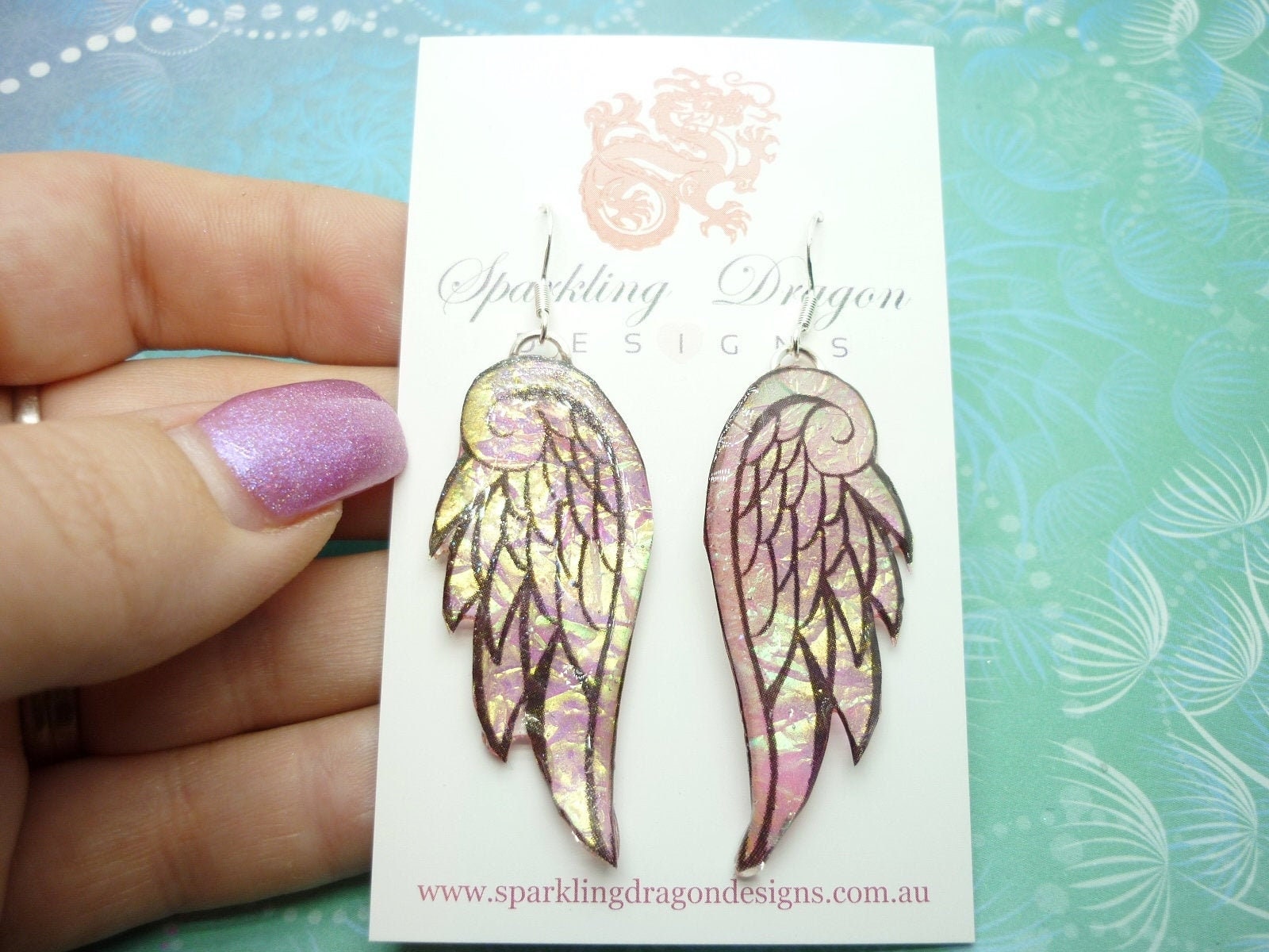 Sparkling Angel Wing Earrings, Pink and Gold - New Age Boho gift - Resin with Glitter Finish - Image 6