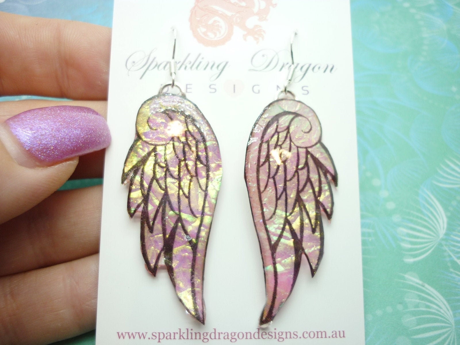 Sparkling Angel Wing Earrings, Pink and Gold - New Age Boho gift - Resin with Glitter Finish - Image 7